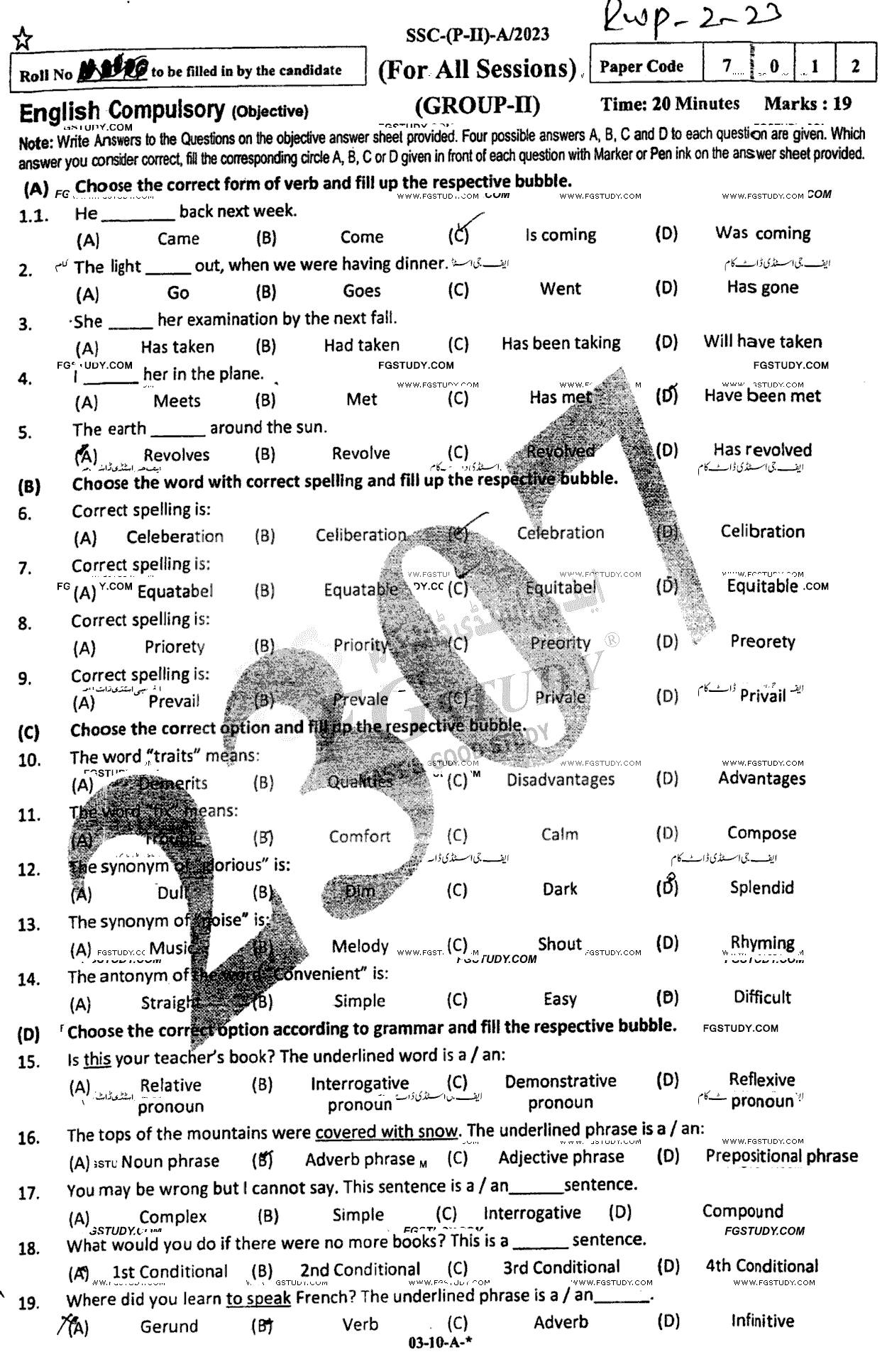 10th Class English Past Paper 2023 Rawalpindi Board Group 2 Objective