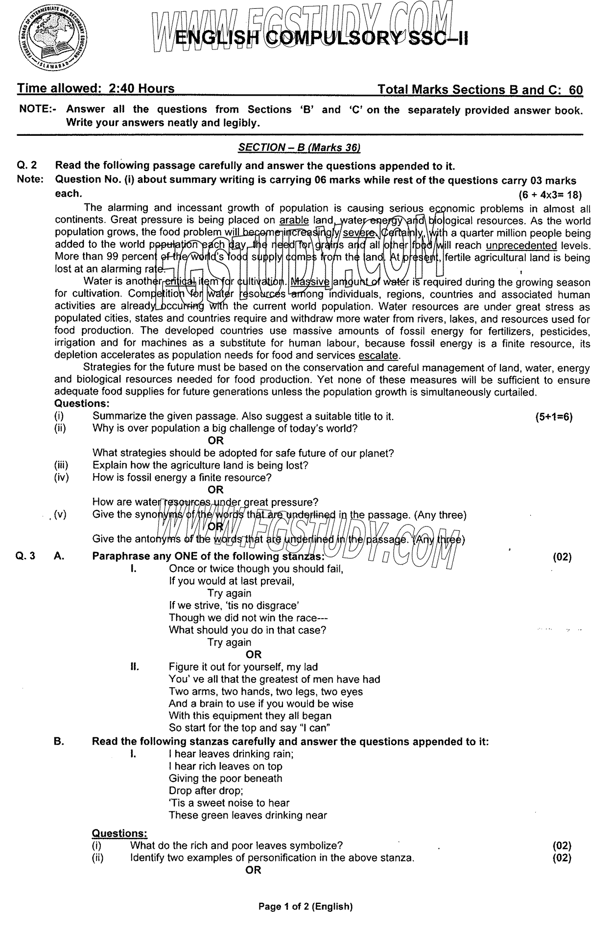 10th Class English Past Paper 2024 Federal Board Islamabad Group 2 Subjective