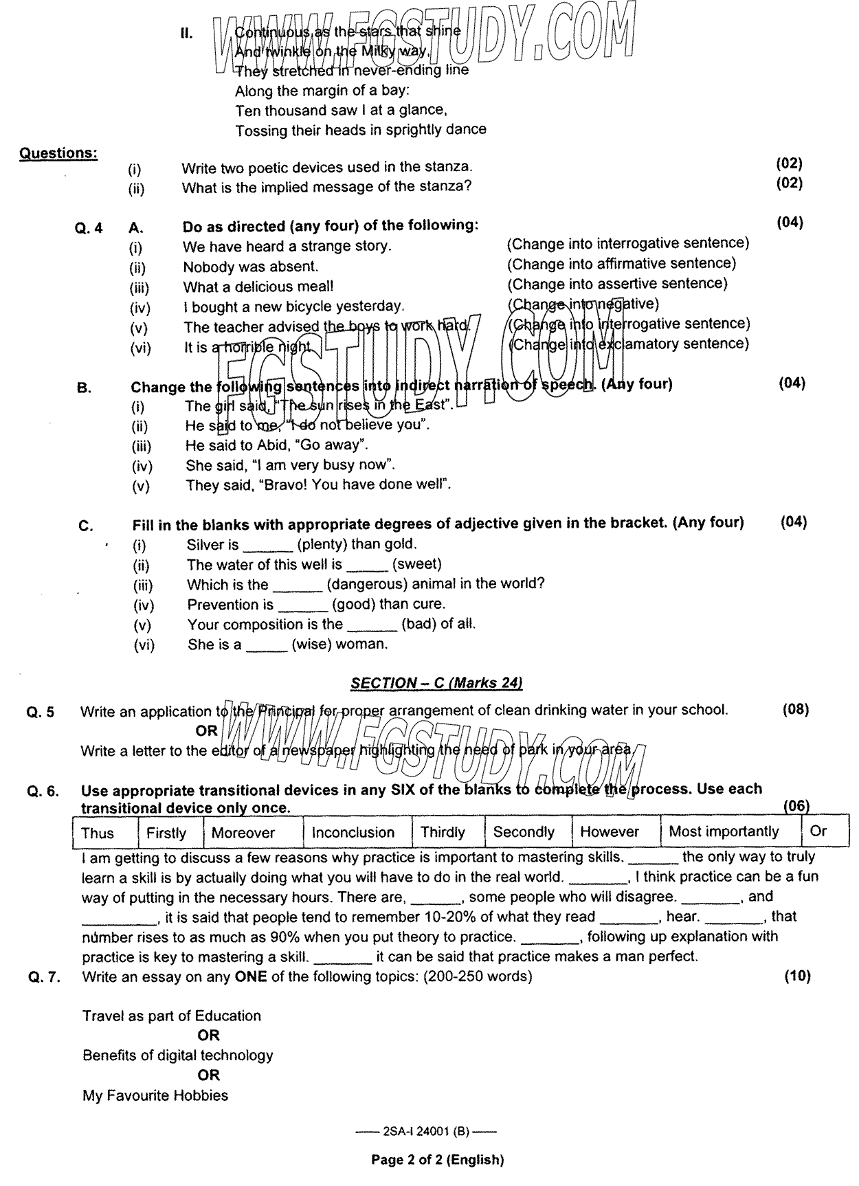 10th Class English Past Paper 2024 Federal Board Islamabad Group 2 Subjective
