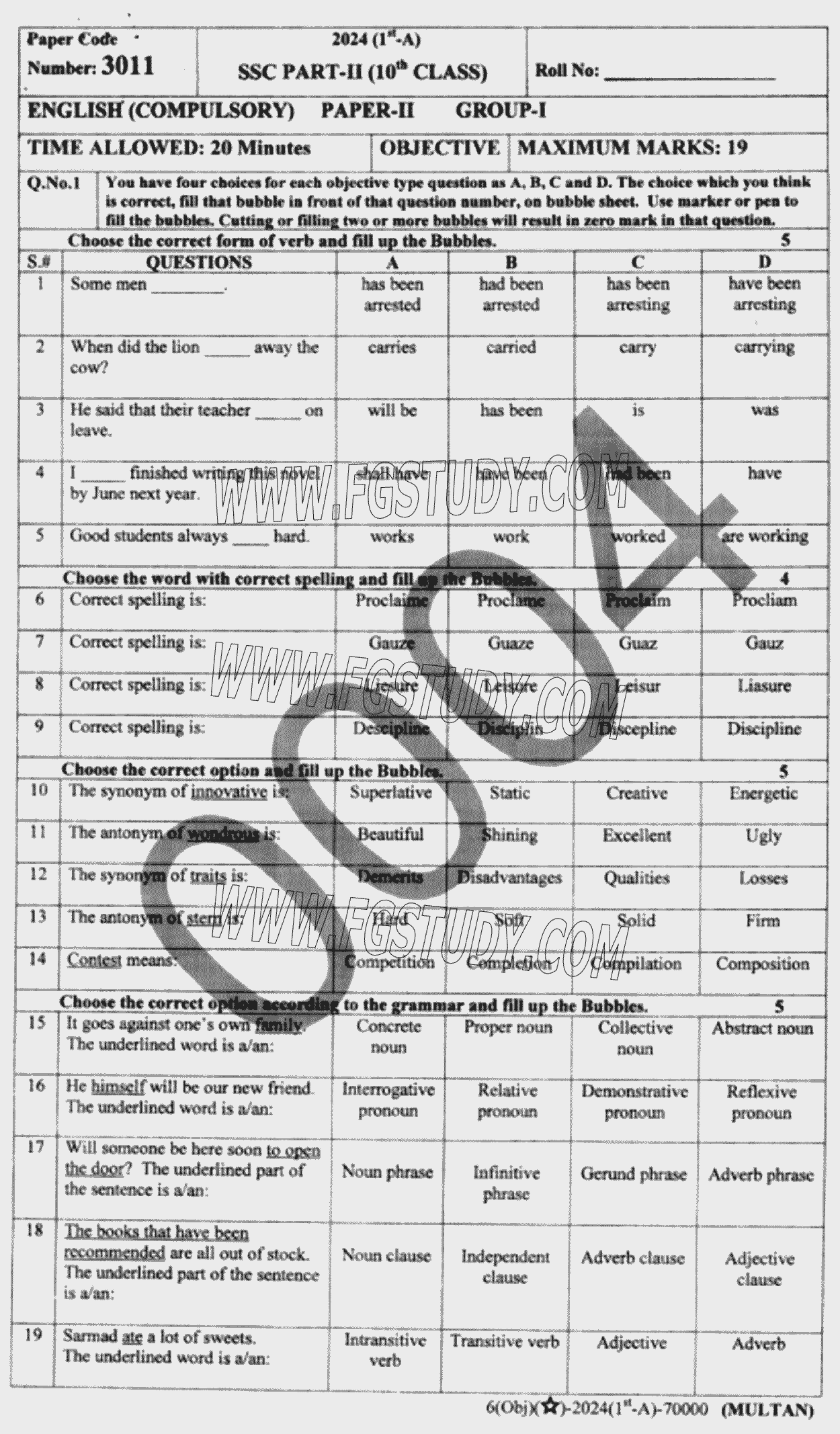 10th Class English Past Paper 2024 Multan Board Group 1 Objective