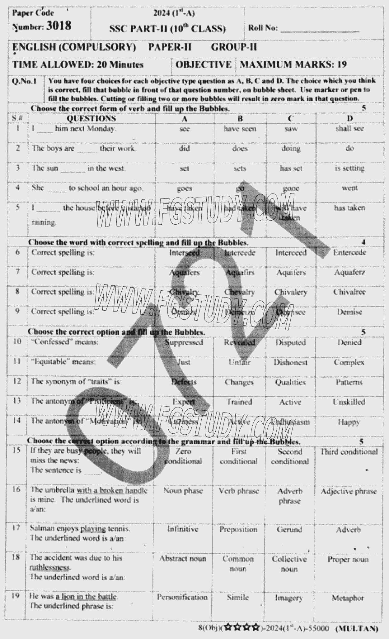 10th Class English Past Paper 2024 Multan Board Group 2 Objective