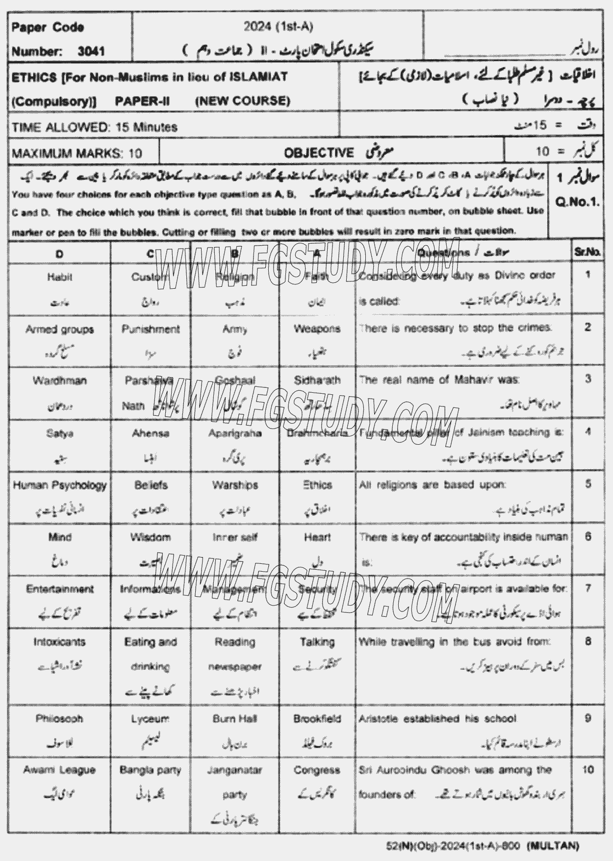 10th Class Ethics Ikhlaqiat Past Paper 2024 Multan Board Group 1 Objective