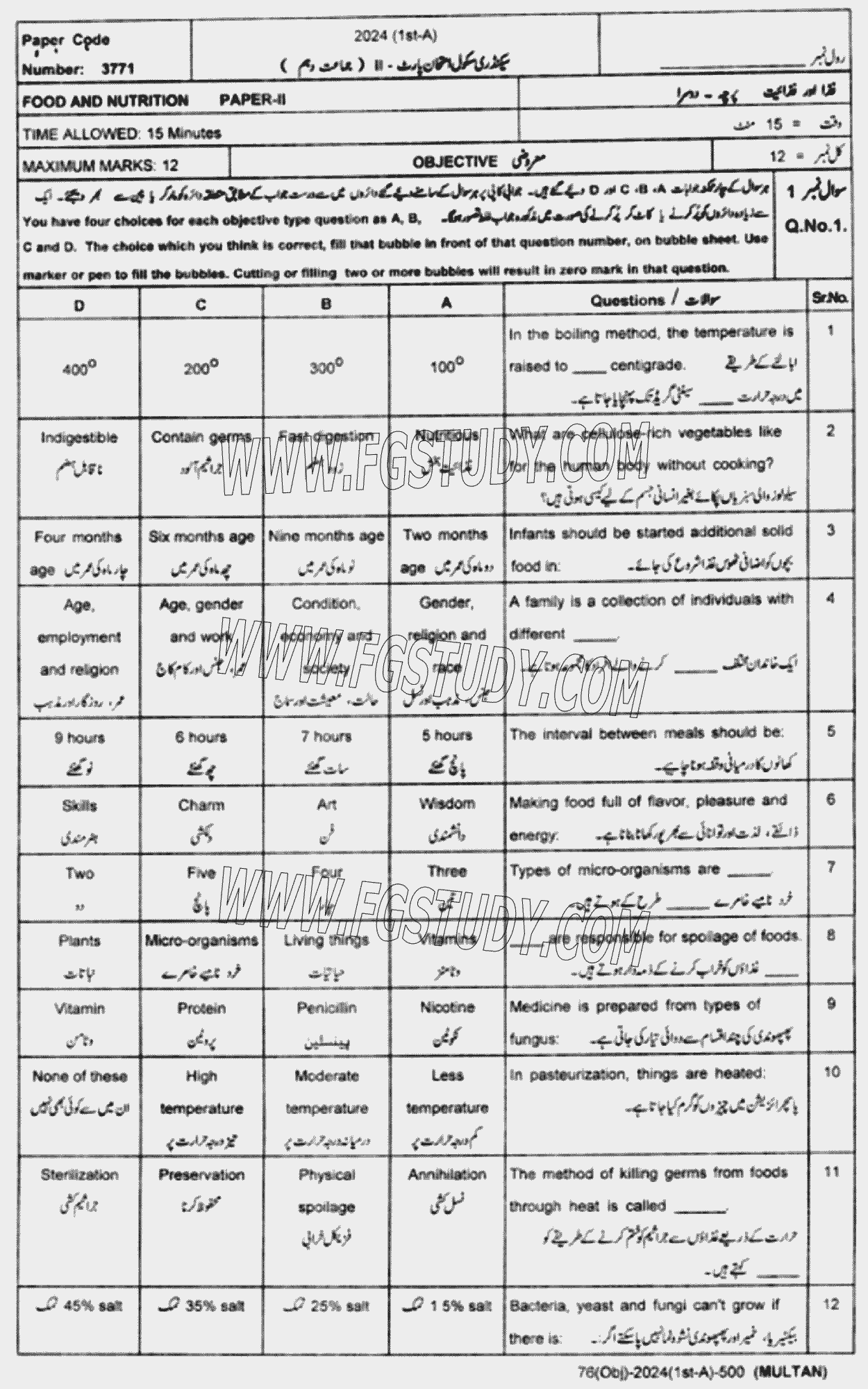 10th Class Food And Nutrition Past Paper 2024 Multan Board Objective