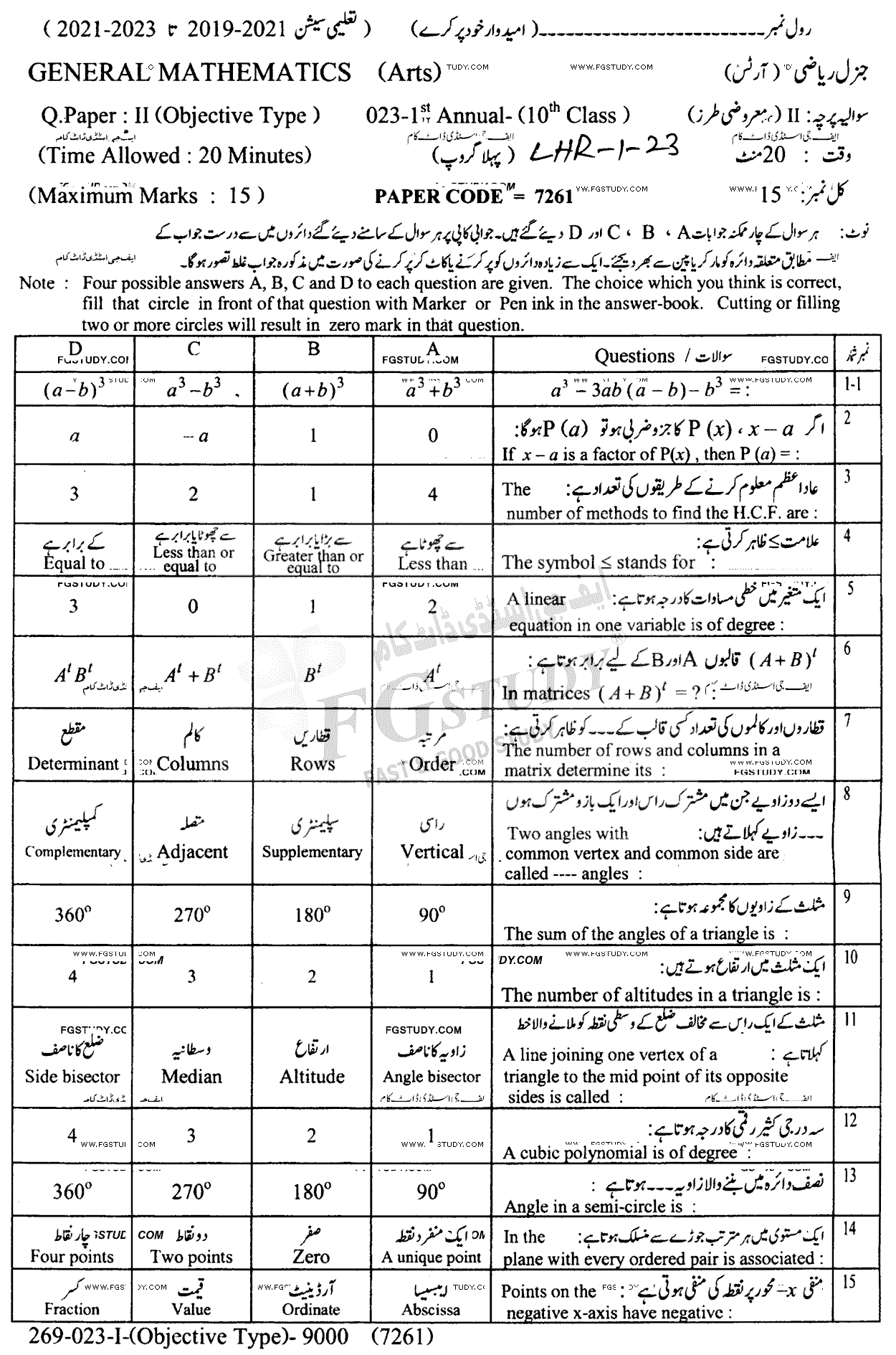 10th Class General Mathematics Past Paper 2023 Lahore Board Group 1 Objective