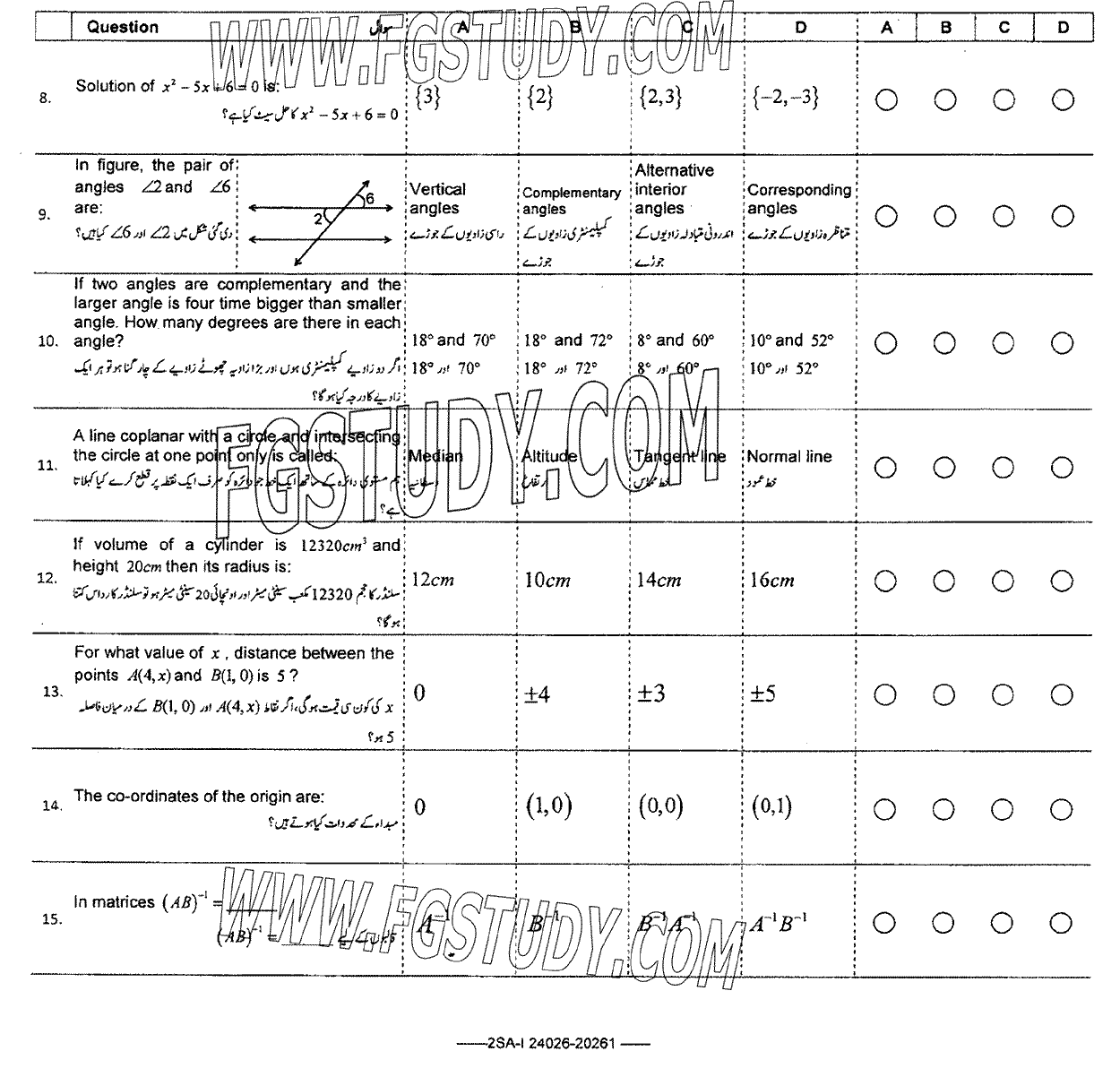 10th Class General Mathematics Past Paper 2024 Federal Board Islamabad Objective