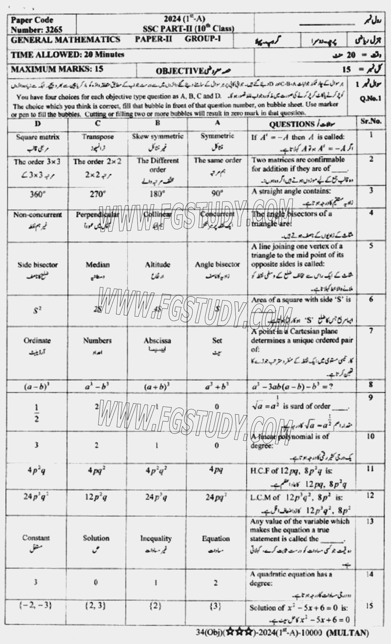 10th Class General Mathematics Past Paper 2024 Multan Board Group 1 Objective