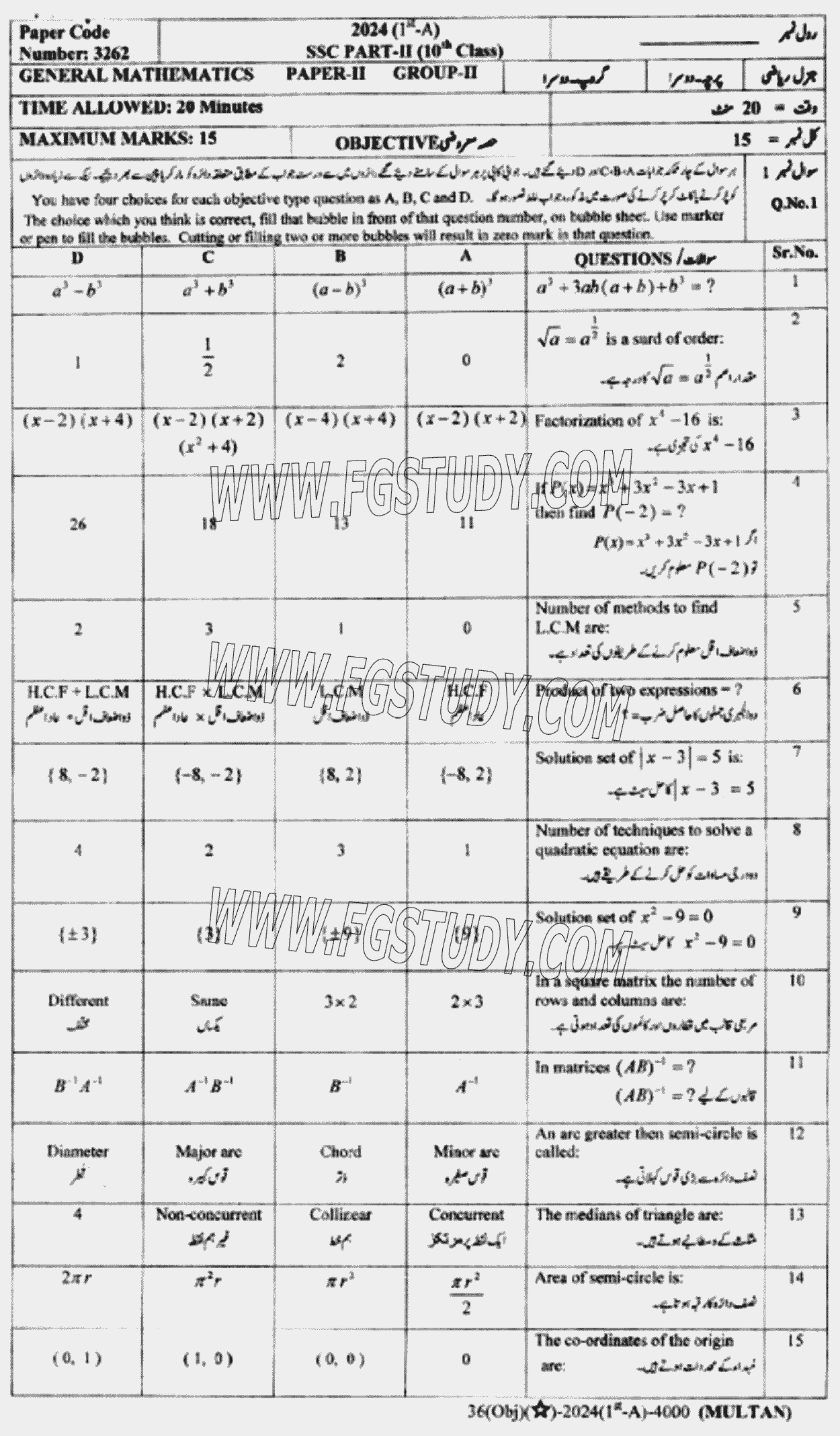 10th Class General Mathematics Past Paper 2024 Multan Board Group 2 Objective