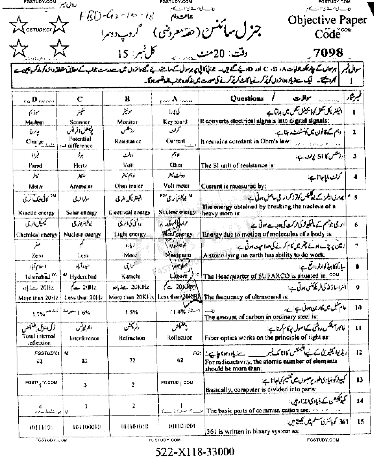 10th Class General Science Past Paper 2018 Faisalabad Board Group 2 Objective