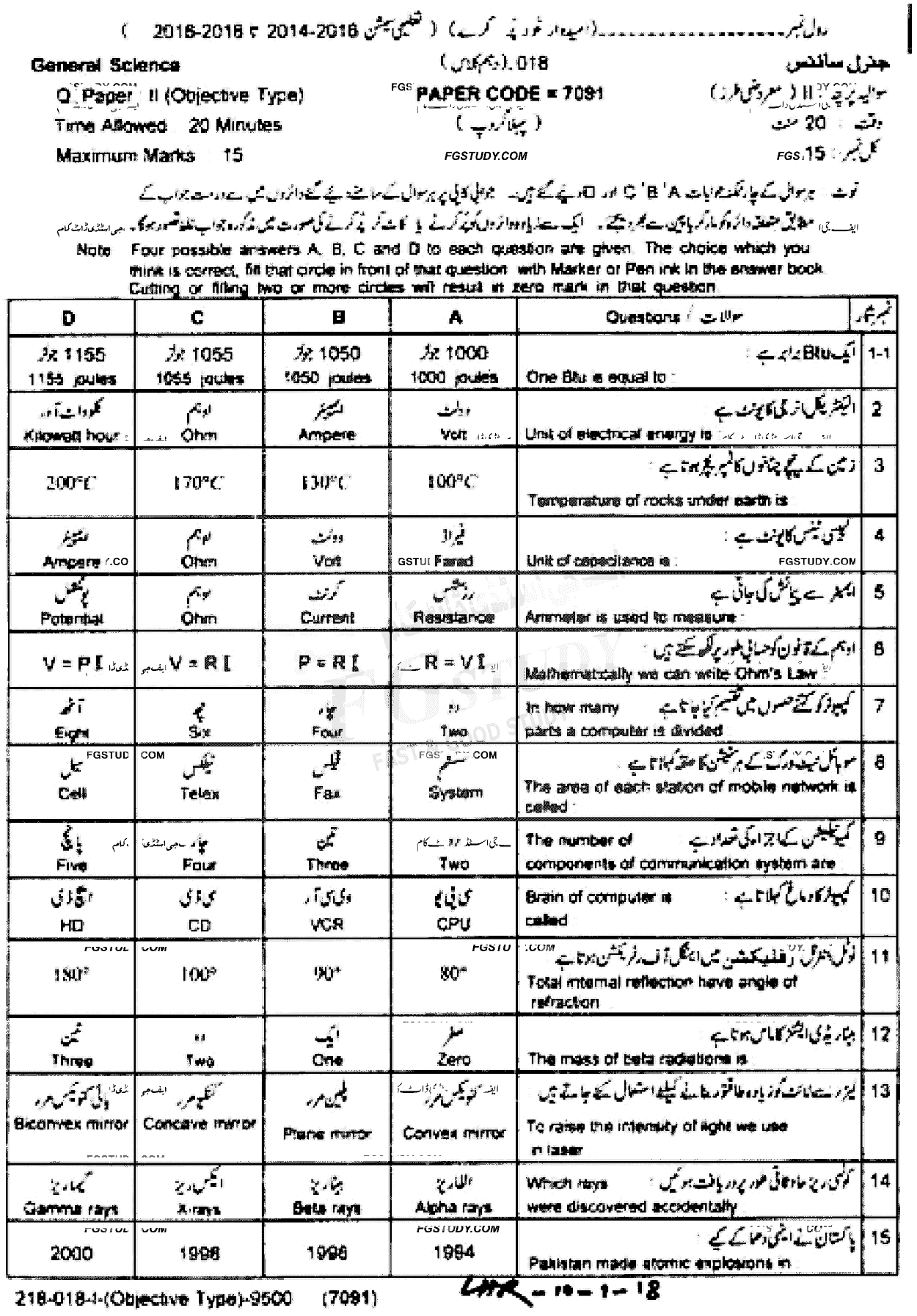 10th Class General Science Past Paper 2018 Lahore Board Group 1 Objective