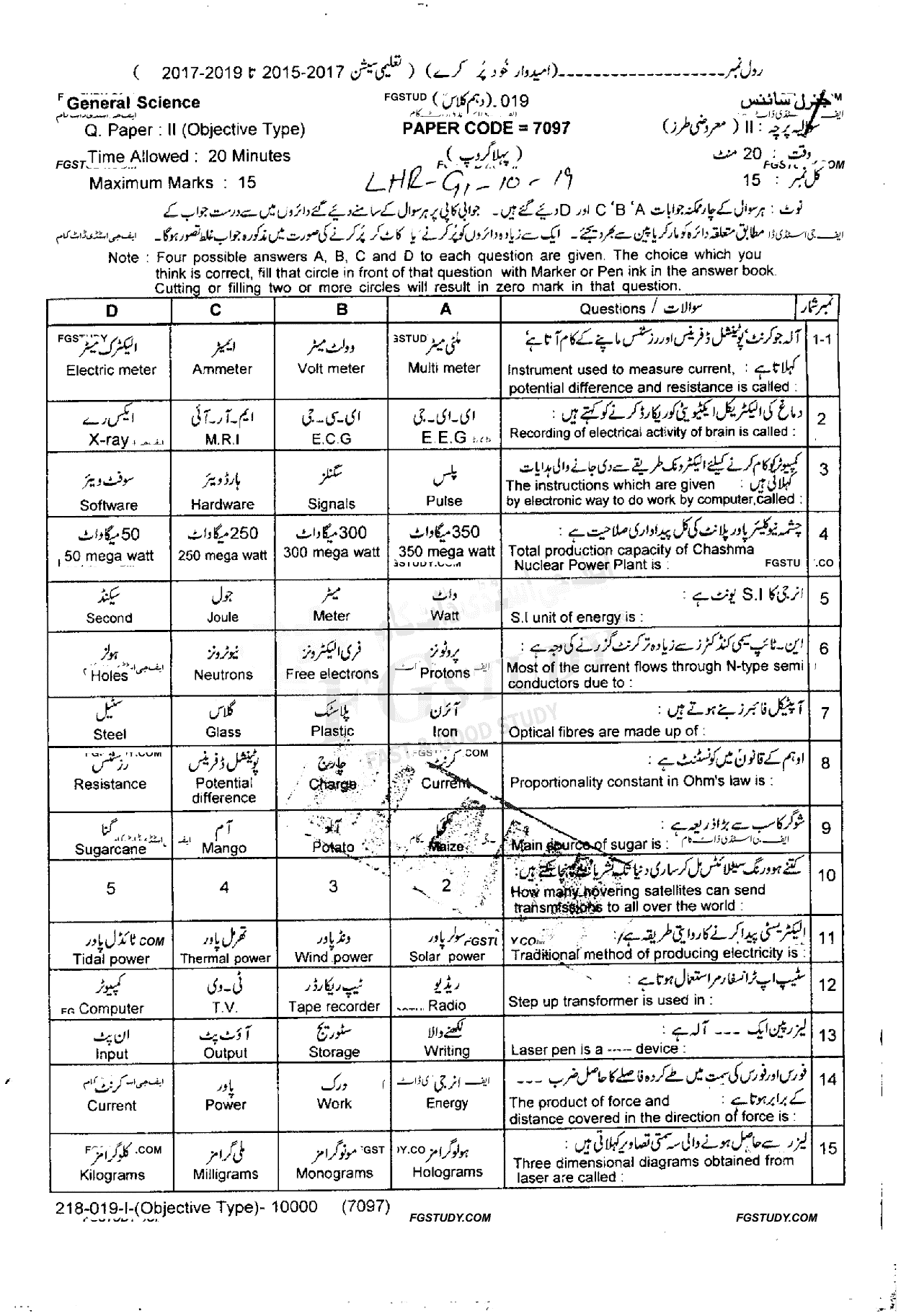 10th Class General Science Past Paper 2019 Lahore Board Group 1 Objective