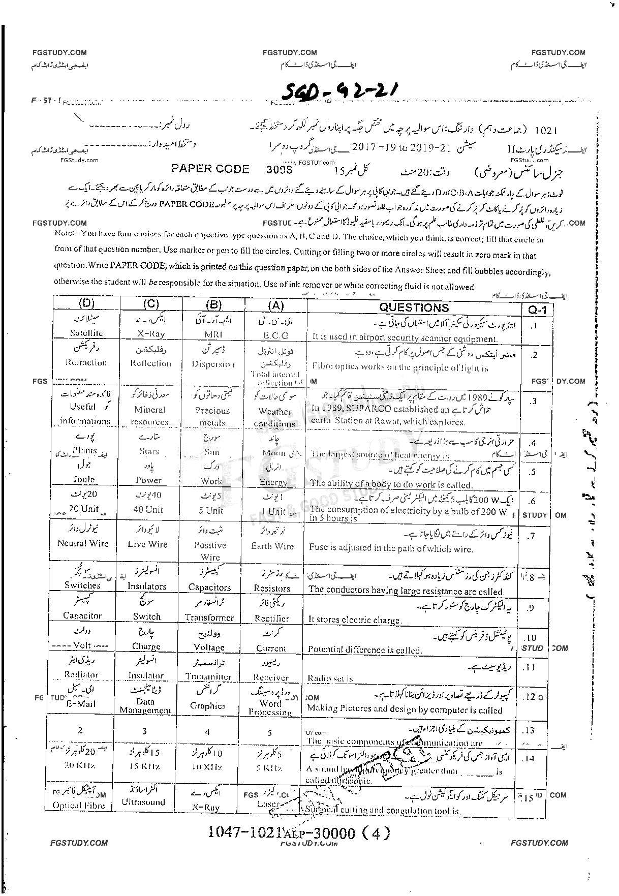 10th Class General Science Past Paper 2021 Sargodha Board Group 2 Objective
