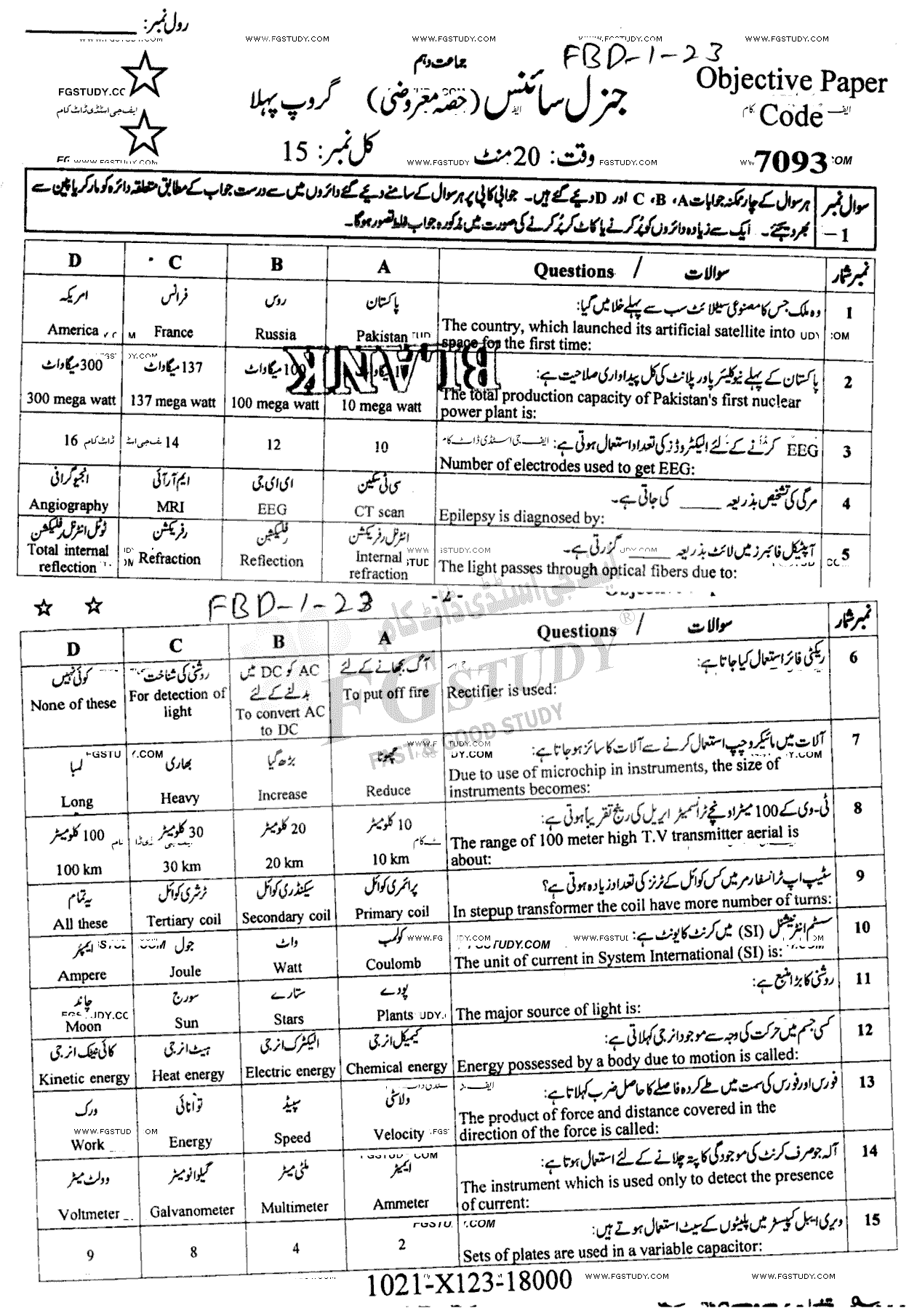 10th Class General Science Past Paper 2023 Faisalabad Board Group 1 Objective