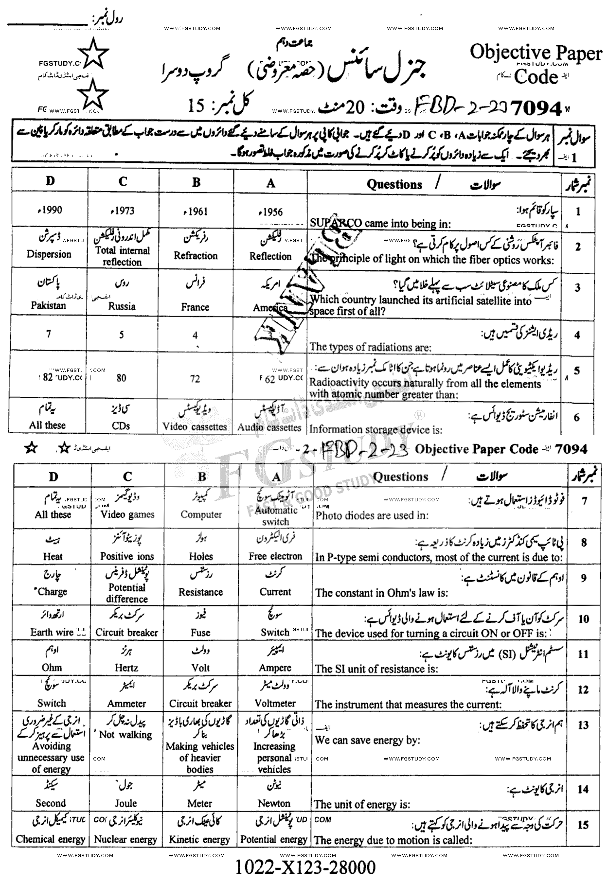 10th Class General Science Past Paper 2023 Faisalabad Board Group 2 Objective