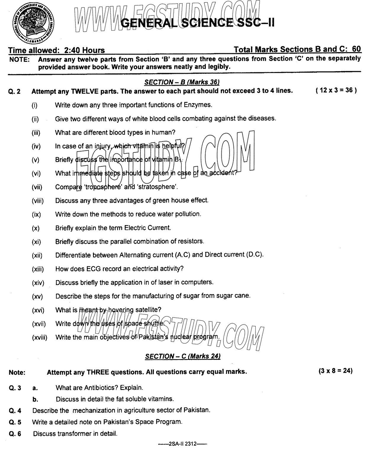 10th Class General Science Past Paper 2023 Federal Board Islamabad Subjective