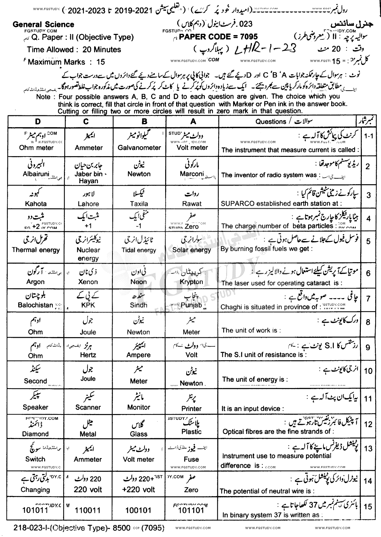 10th Class General Science Past Paper 2023 Lahore Board Group 1 Objective