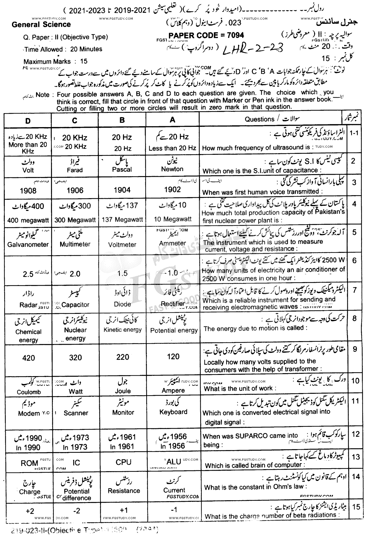 10th Class General Science Past Paper 2023 Lahore Board Group 2 Objective