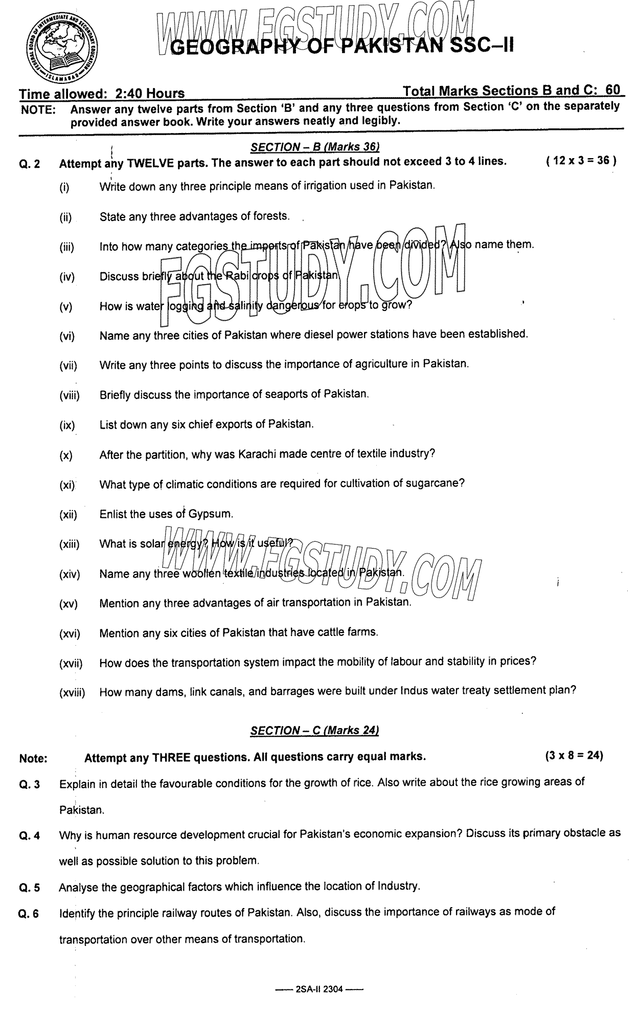 10th Class Geography Of Pakistan Past Paper 2023 Federal Board Islamabad Subjective