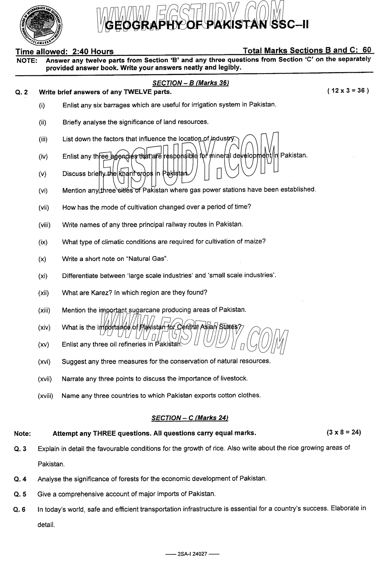 10th Class Geography Of Pakistan Past Paper 2024 Federal Board Islamabad Subjective