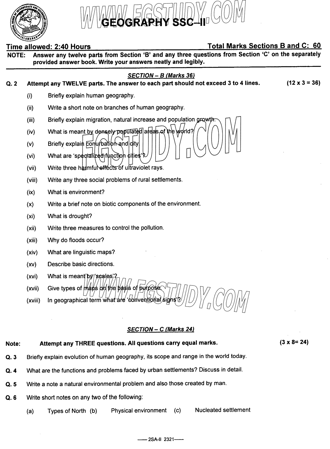 10th Class Geography Past Paper 2023 Federal Board Islamabad Subjective