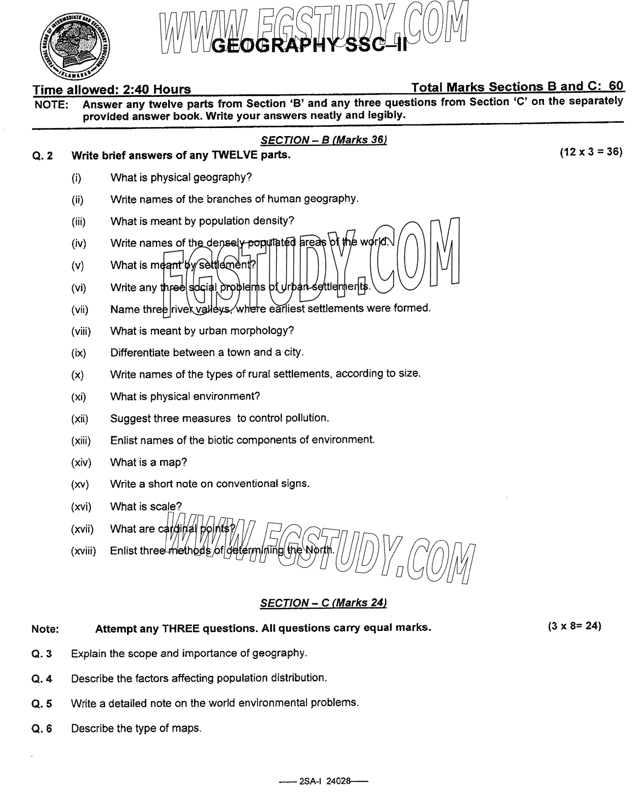 10th Class Geography Past Paper 2024 Federal Board Islamabad Subjective
