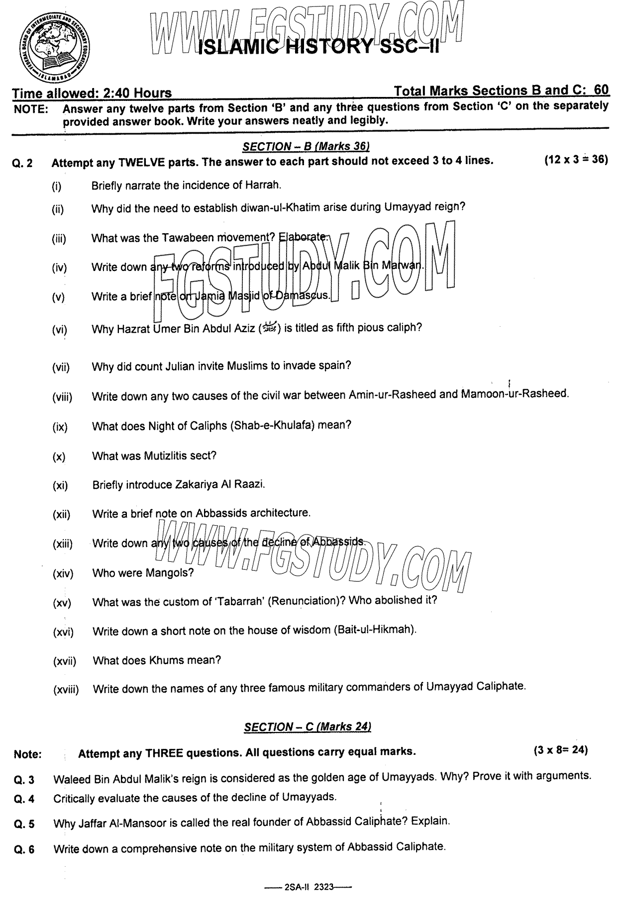 10th Class Islamic History Past Paper 2023 Federal Board Islamabad Subjective