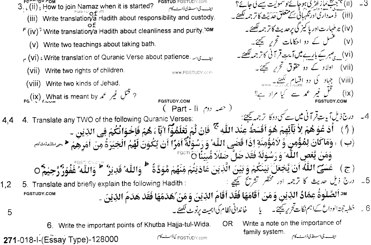 10th Class Islamiyat Past Paper 2018 Lahore Board Group 1 Subjective