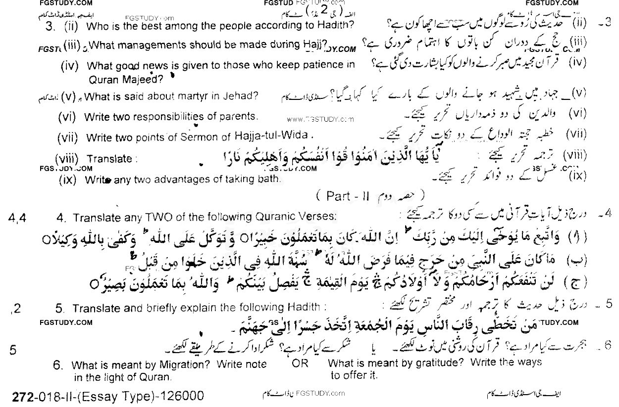 10th Class Islamiyat Past Paper 2018 Lahore Board Group 2 Subjective