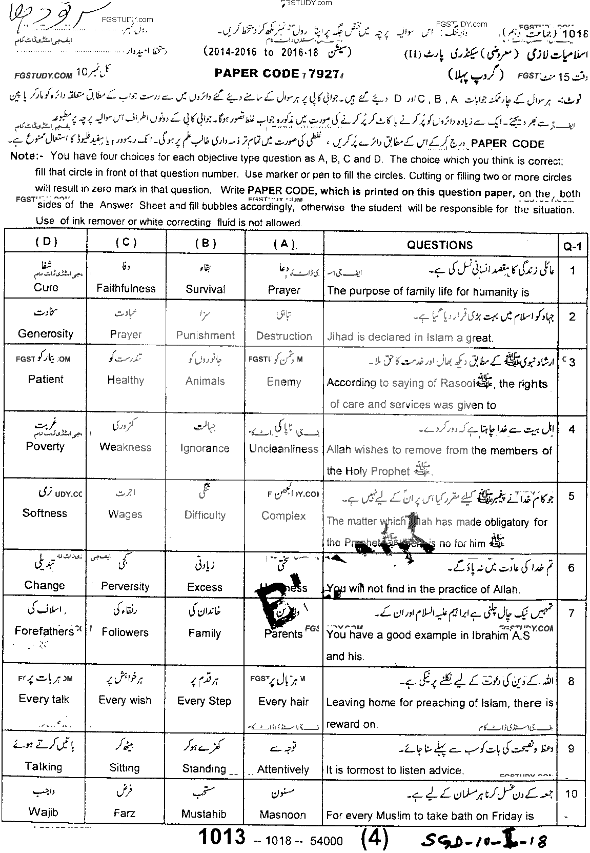 10th Class Islamiyat Past Paper 2018 Sargodha Board Group 1 Objective