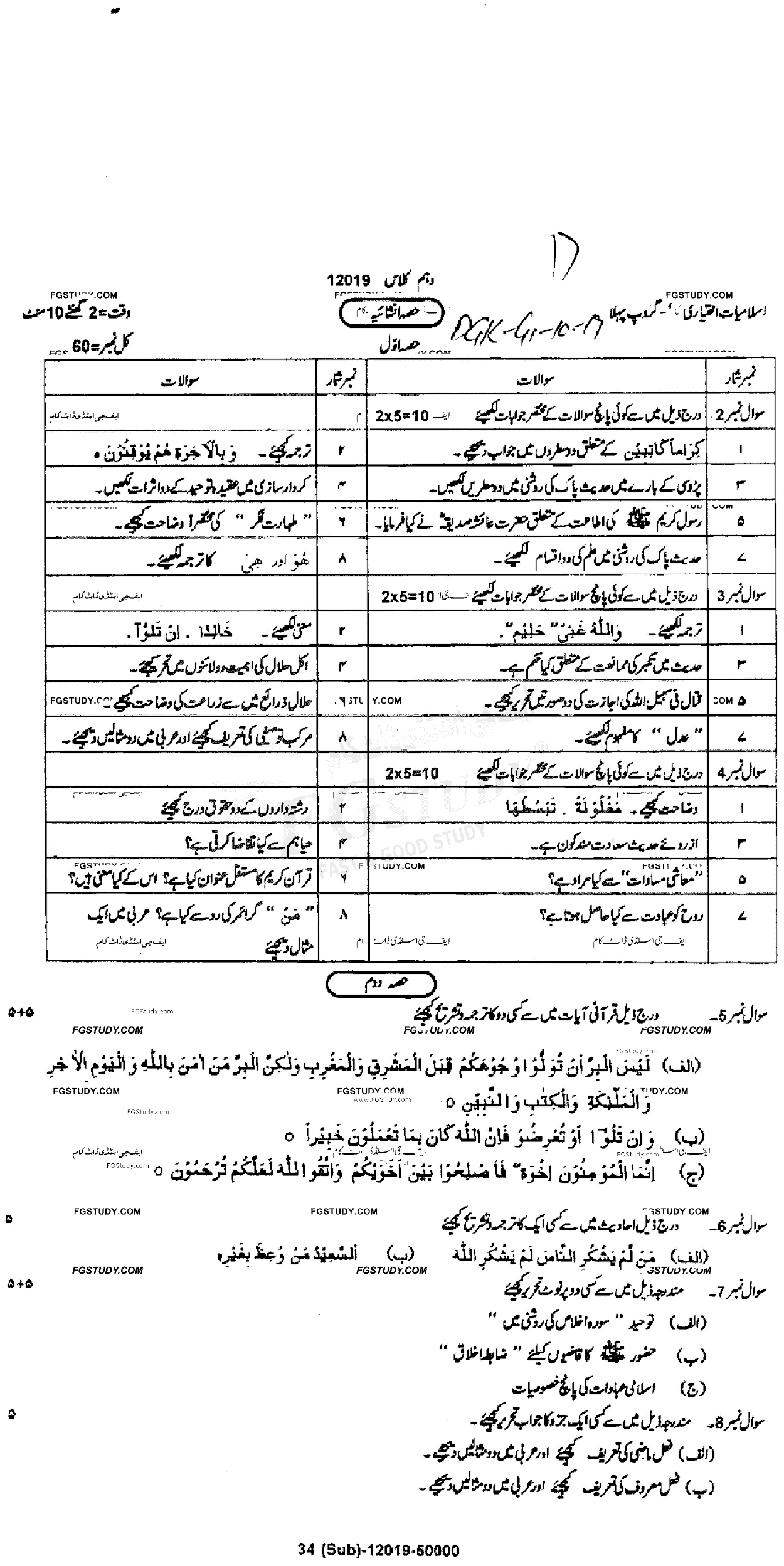 10th Class Islamiyat Past Paper 2019 Bahawalpur Board Group 1 Subjective