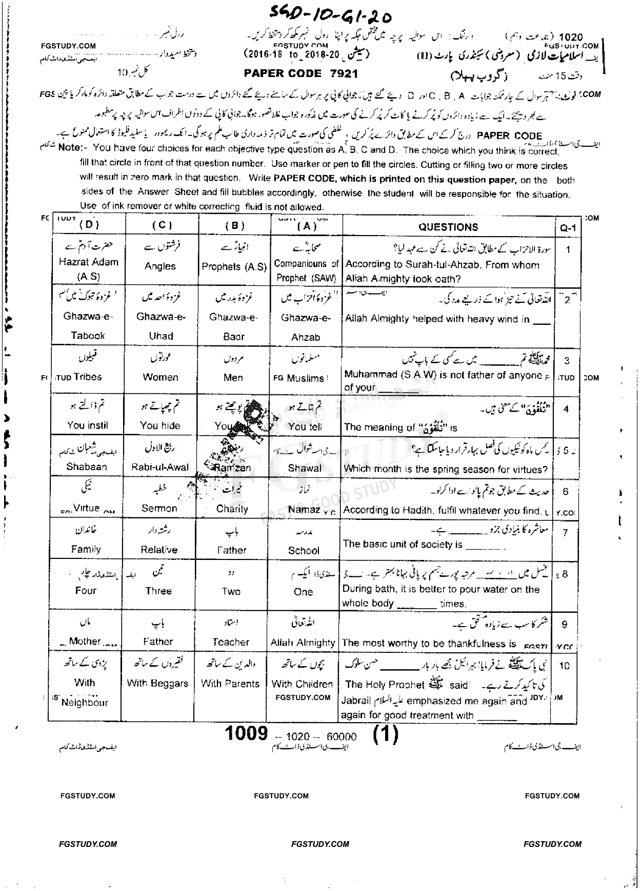 10th Class Islamiyat Past Paper 2020 Sargodha Board Group 1 Objective