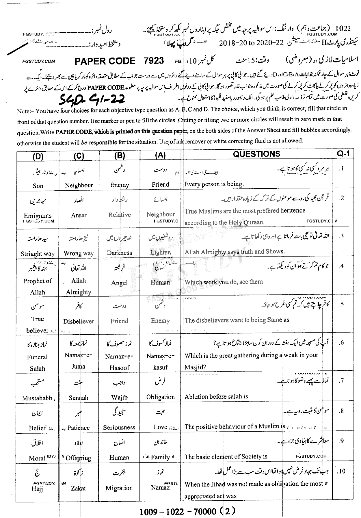 10th Class Islamiyat Past Paper 2022 Sargodha Board Group 1 Objective