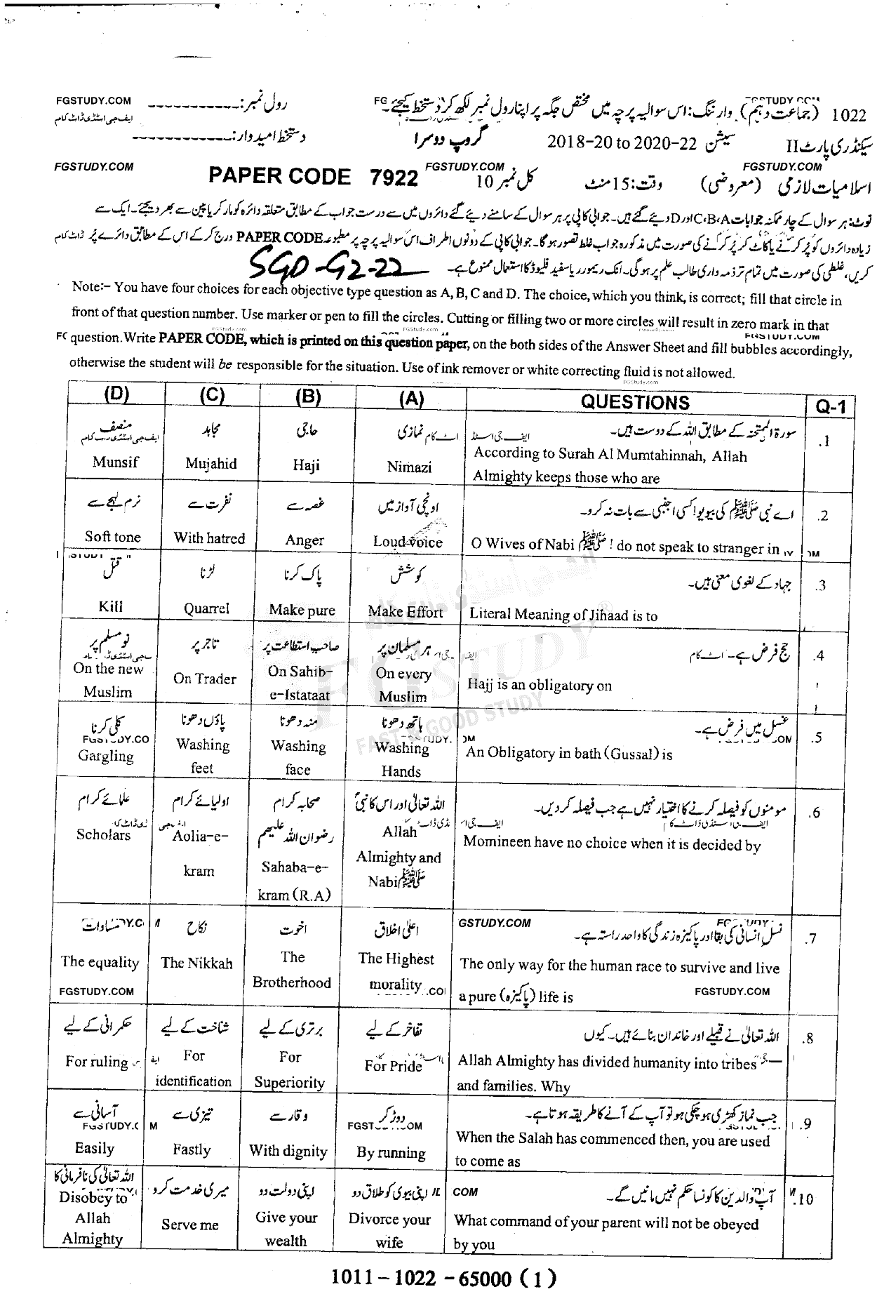 10th Class Islamiyat Past Paper 2022 Sargodha Board Group 2 Objective