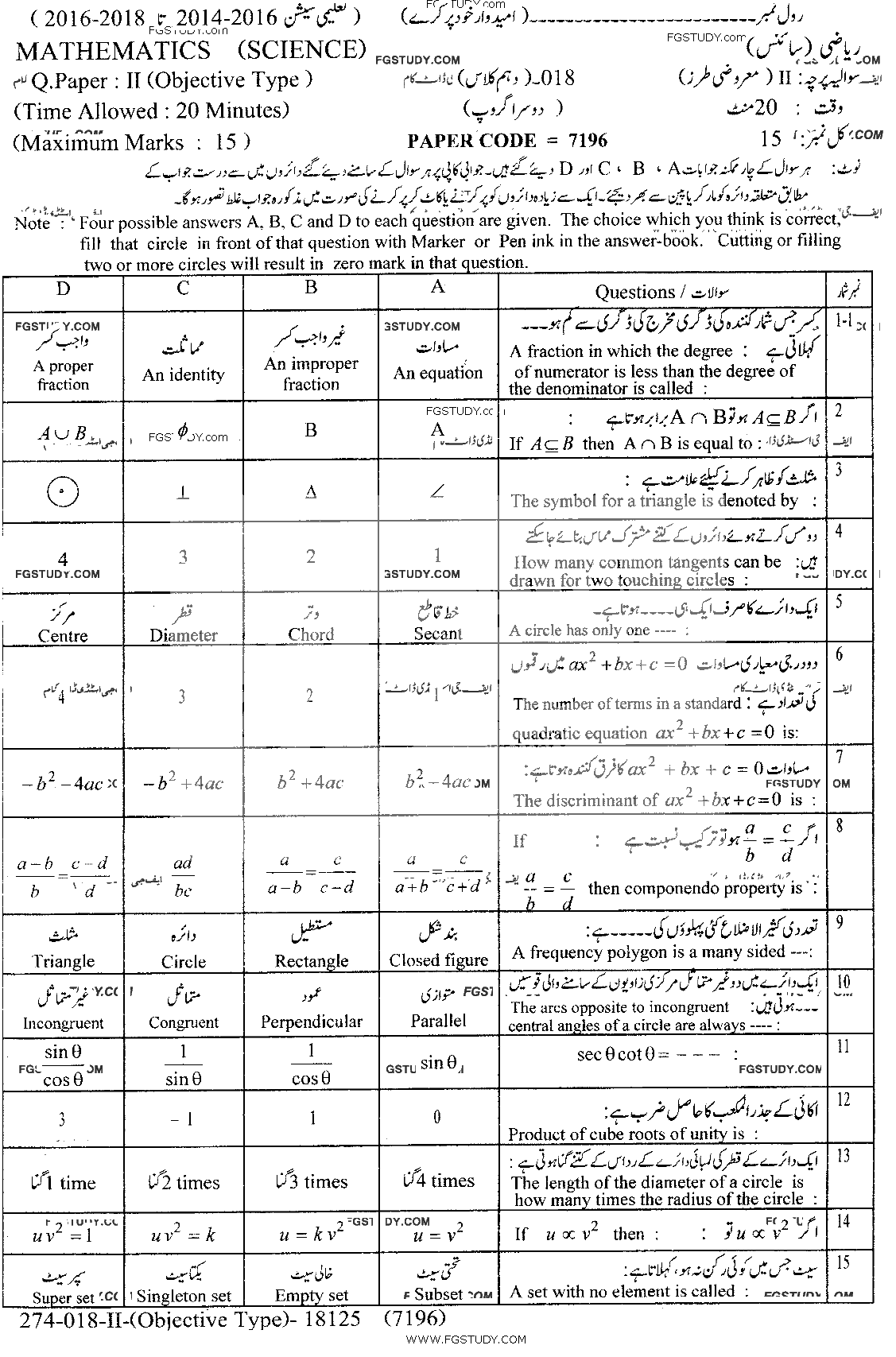 10th Class Mathematics Past Paper 2018 Lahore Board Group 2 Objective
