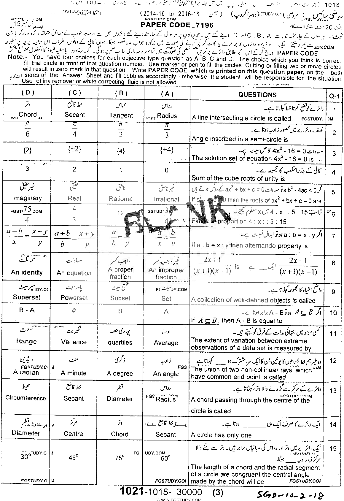 10th Class Mathematics Past Paper 2018 Sargodha Board Group 2 Objective