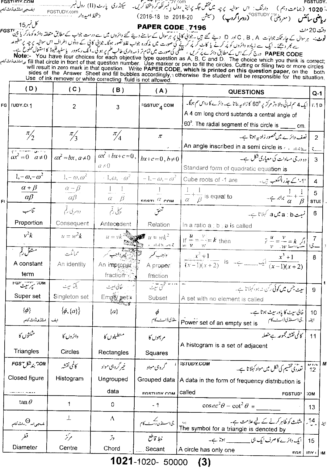 10th Class Mathematics Past Paper 2020 Sargodha Board Group 2 Objective