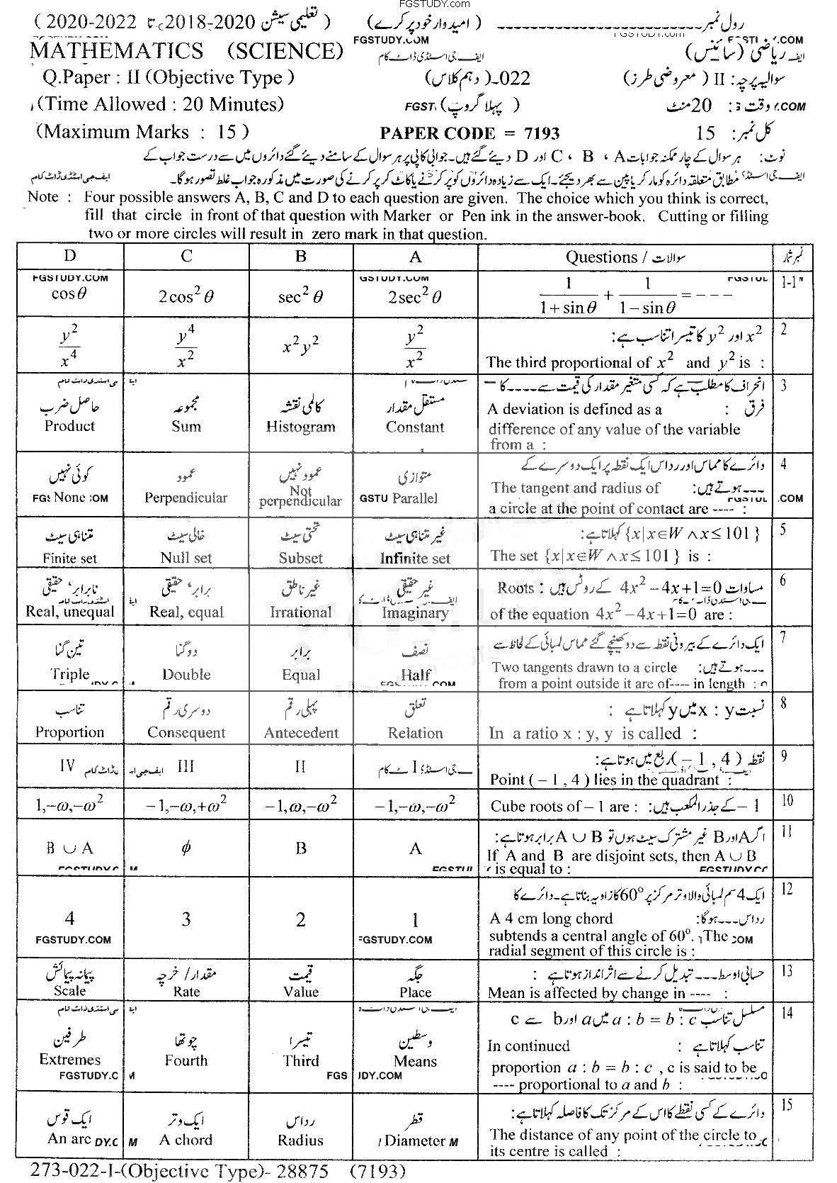10th Class Mathematics Past Paper 2022 Lahore Board Group 1 Objective