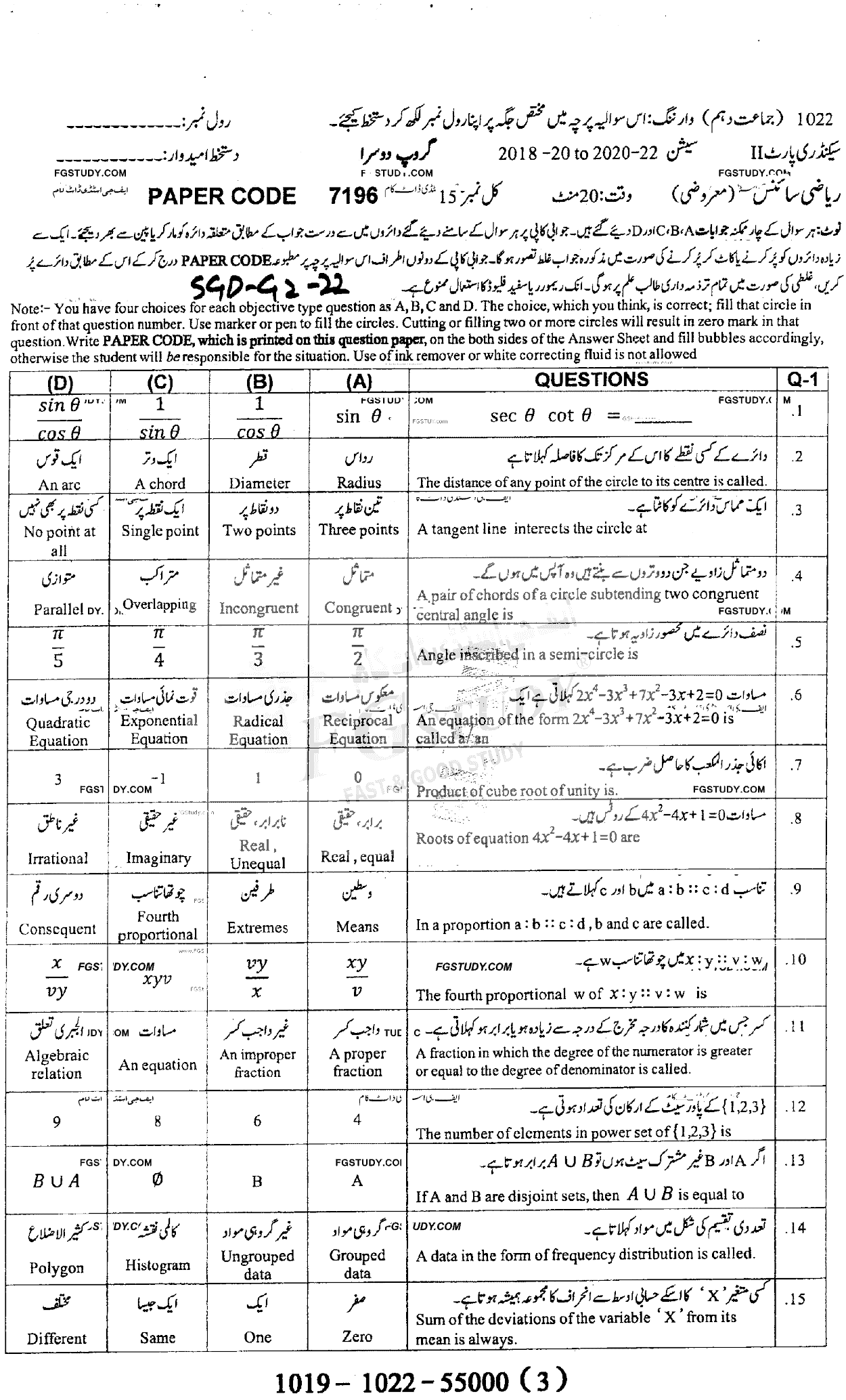 10th Class Mathematics Past Paper 2022 Sargodha Board Group 2 Objective