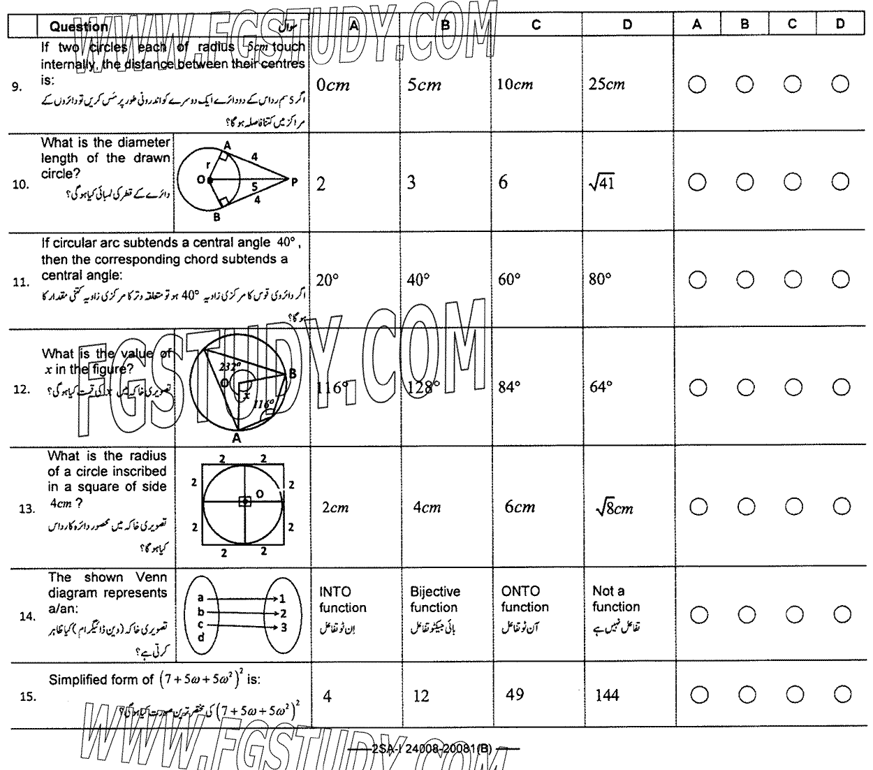 10th Class Mathematics Past Paper 2024 Federal Board Islamabad Group 1 Objective