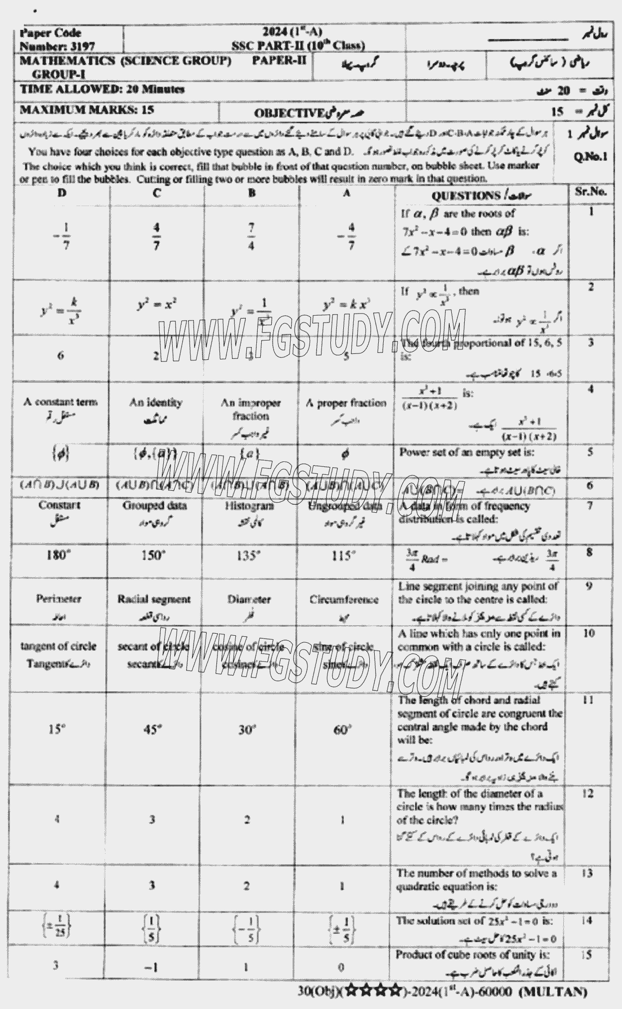 10th Class Mathematics Past Paper 2024 Multan Board Group 1 Objective