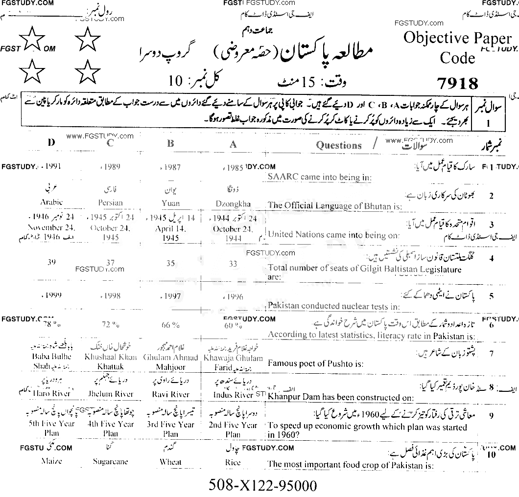 10th Class Pakistan Studies Past Paper 2022 Faisalabad Board Group 2 Objective