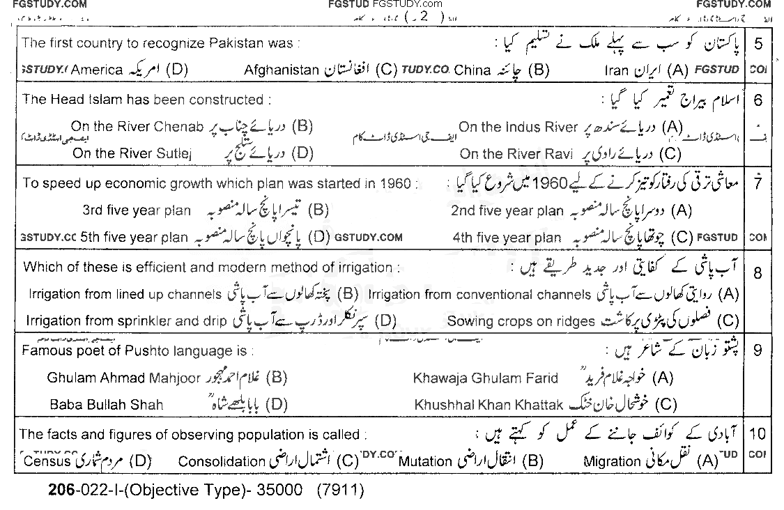 10th Class Pakistan Studies Past Paper 2022 Lahore Board Group 1 Objective