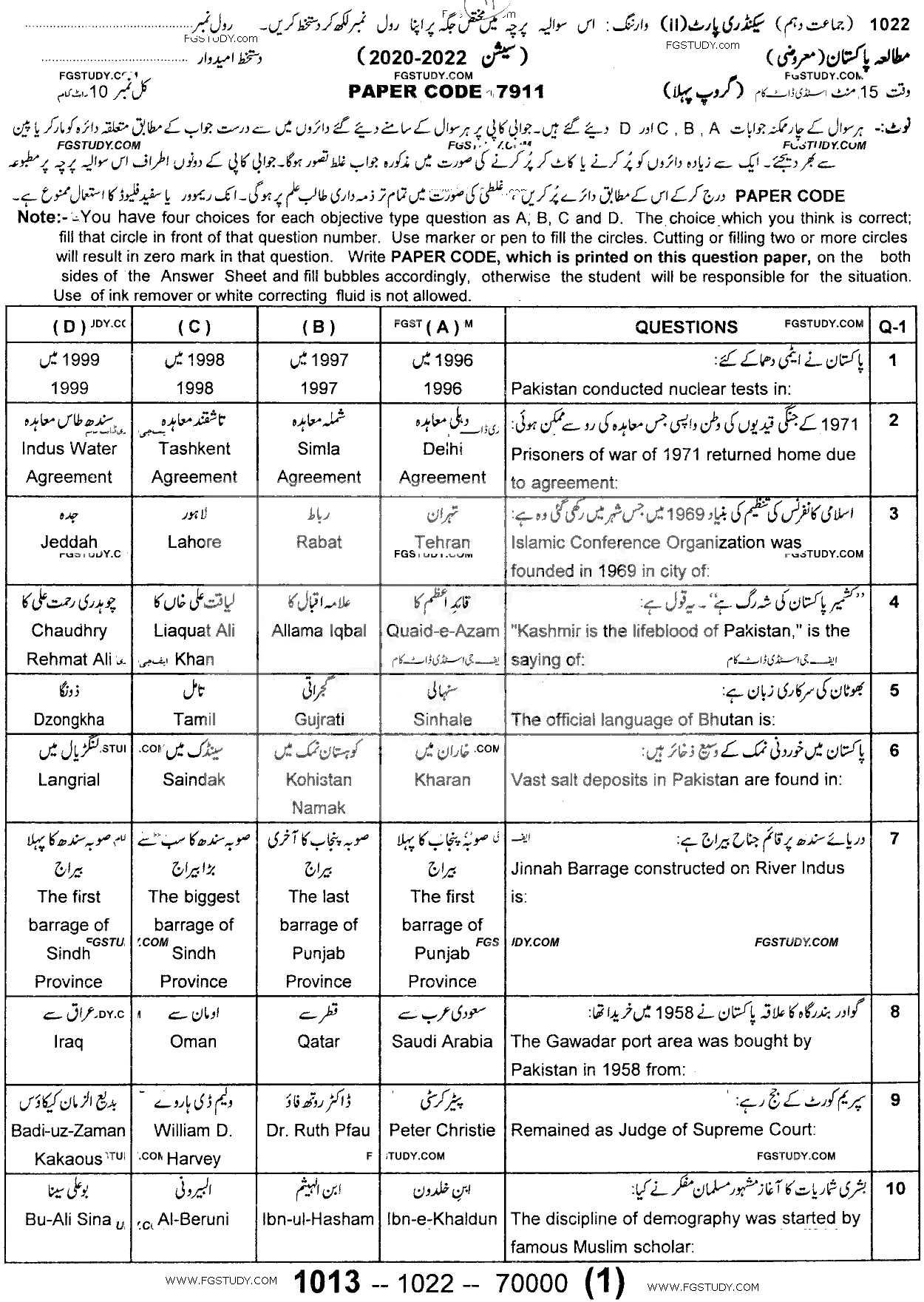 10th Class Pakistan Studies Past Paper 2022 Sargodha Board Group 1 Objective