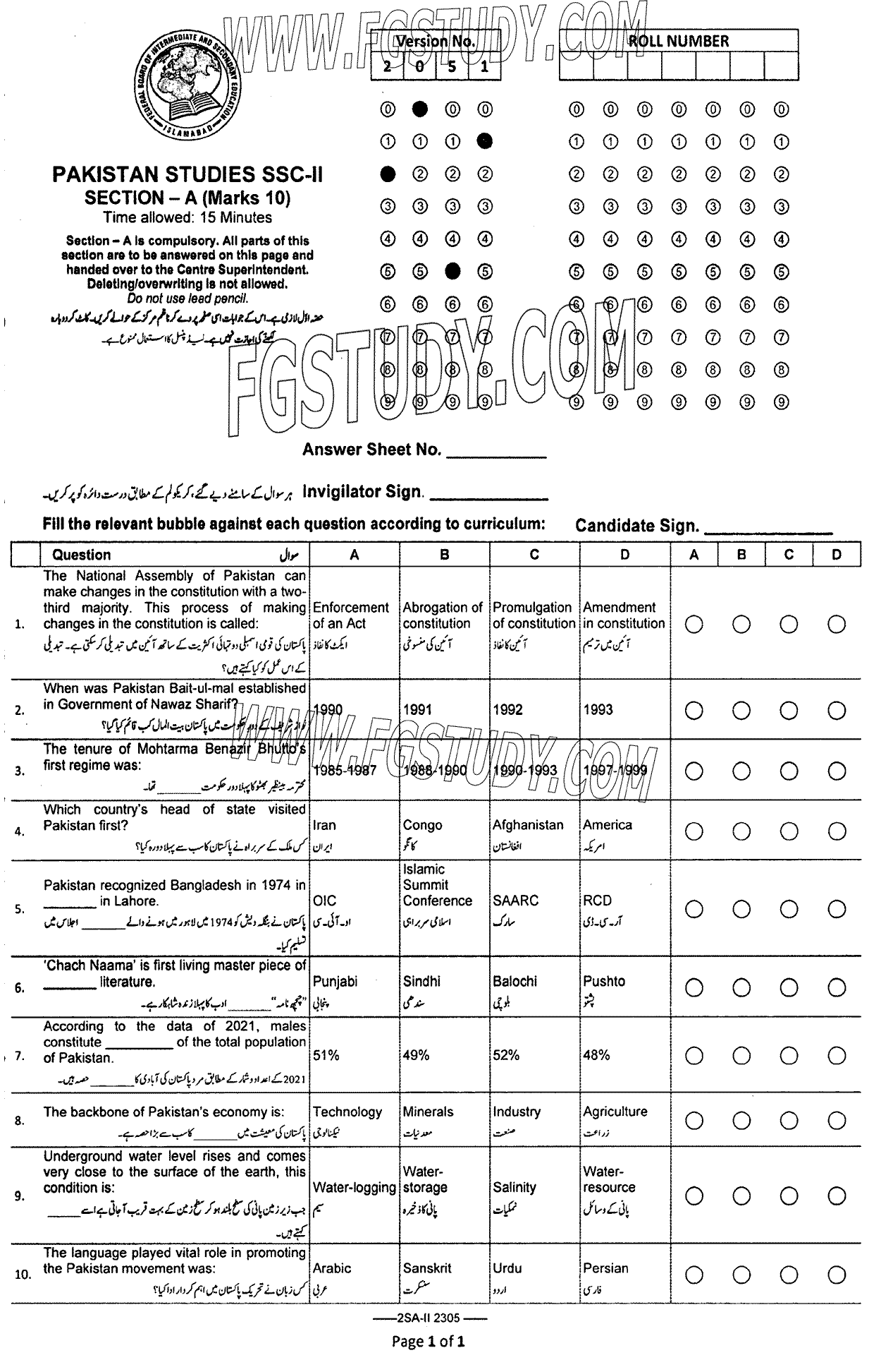 10th Class Pakistan Studies Past Paper 2023 Federal Board Islamabad Objective