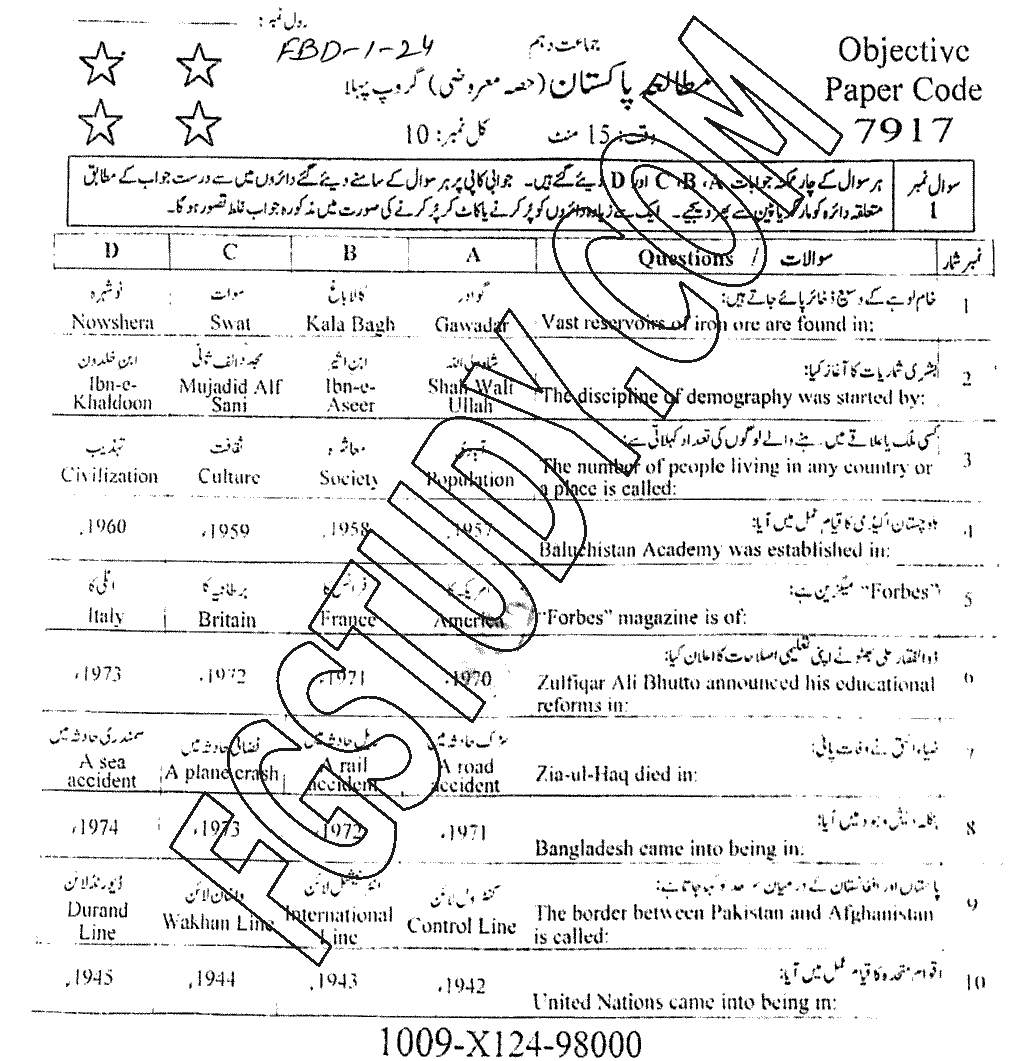 10th Class Pakistan Studies Past Paper 2024 Faisalabad Board Group 1 Objective