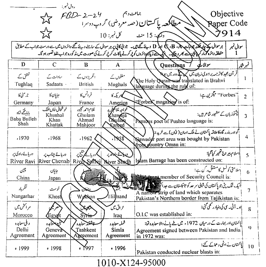 10th Class Pakistan Studies Past Paper 2024 Faisalabad Board Group 2 Objective