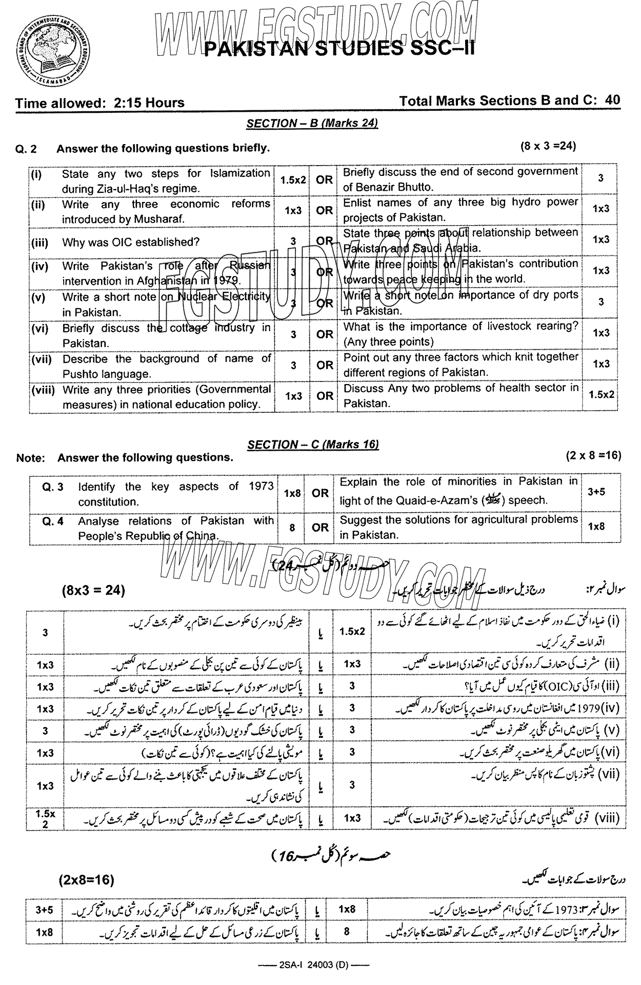 10th Class Pakistan Studies Past Paper 2024 Federal Board Islamabad Group 1 Subjective