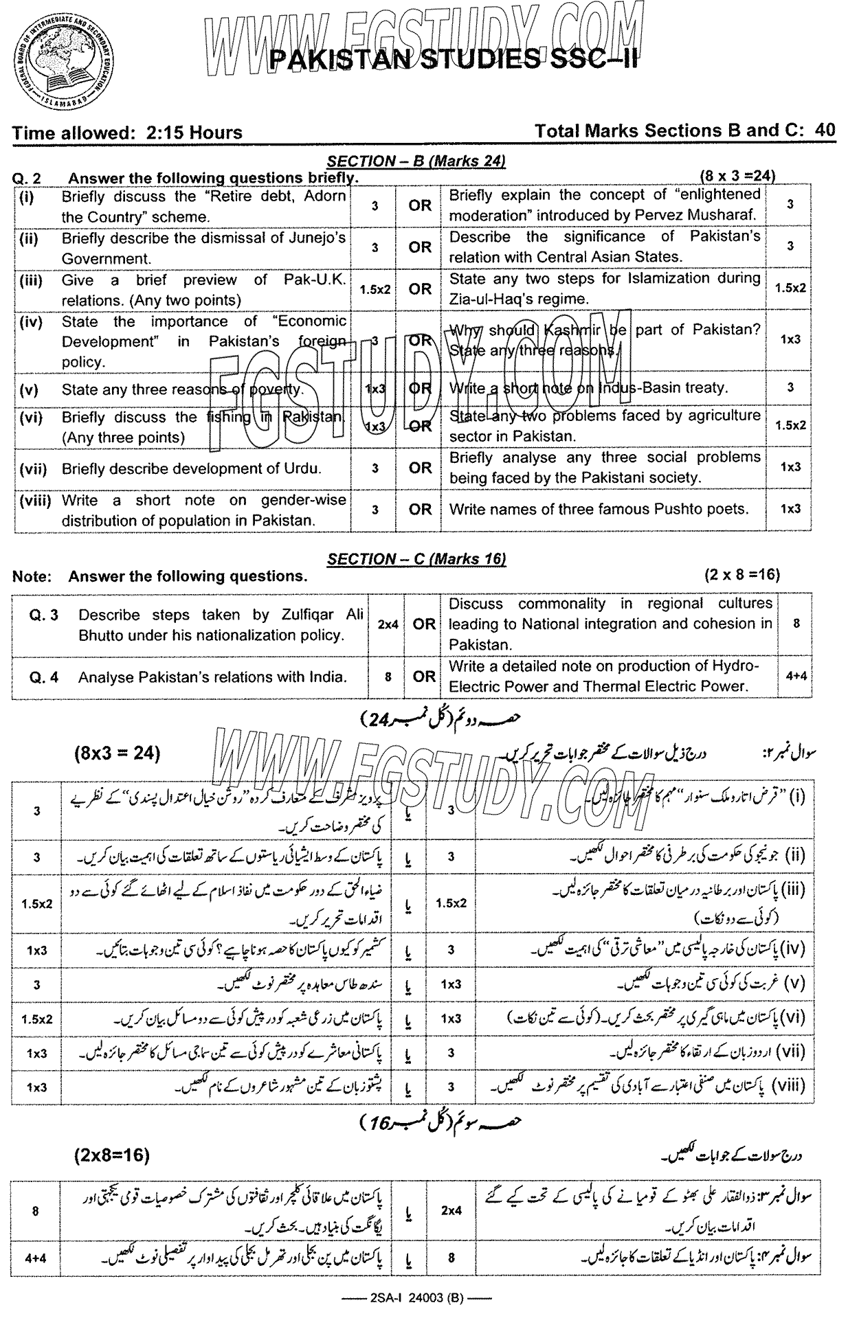10th Class Pakistan Studies Past Paper 2024 Federal Board Islamabad Group 2 Subjective