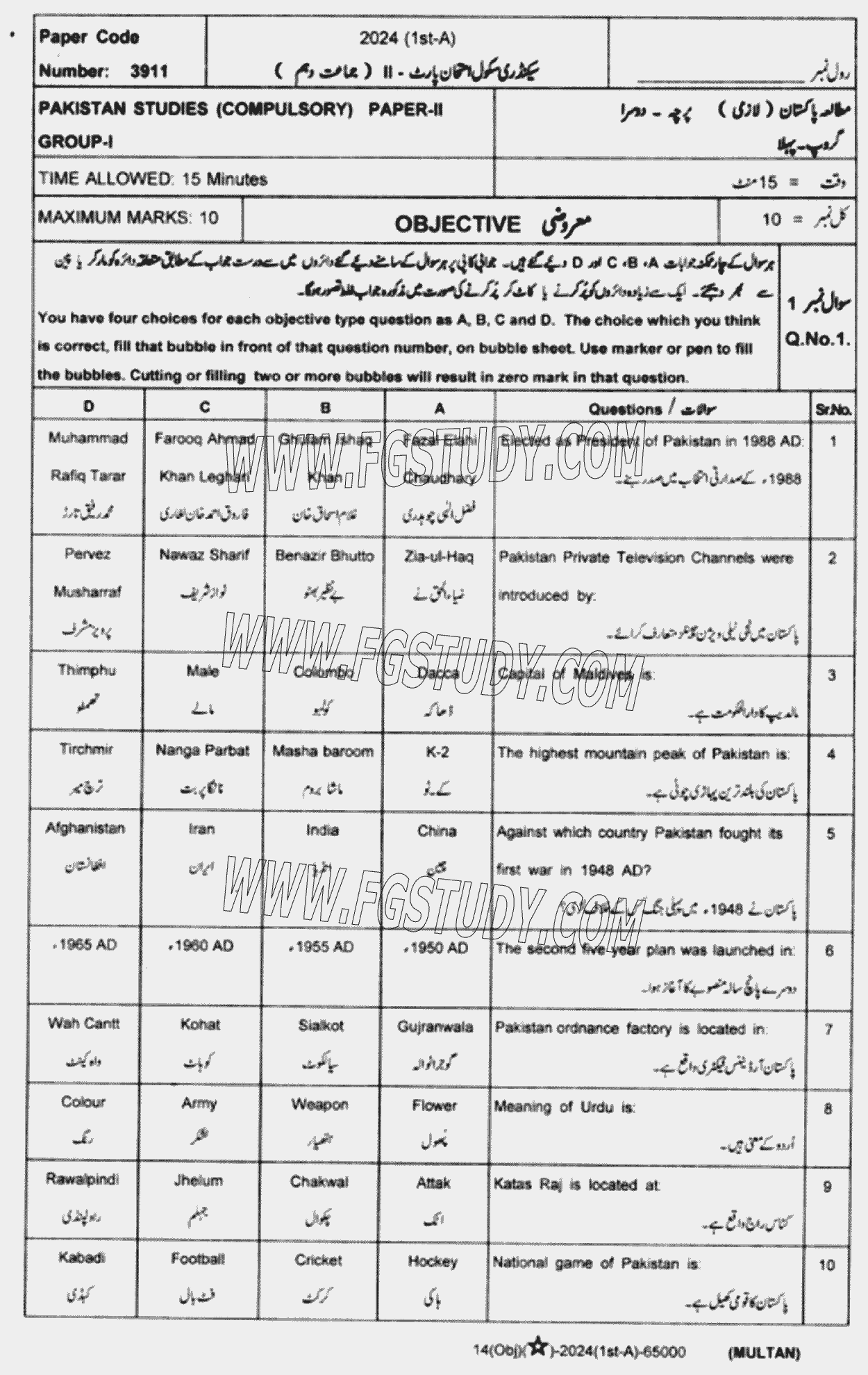 10th Class Pakistan Studies Past Paper 2024 Multan Board Group 1 Objective