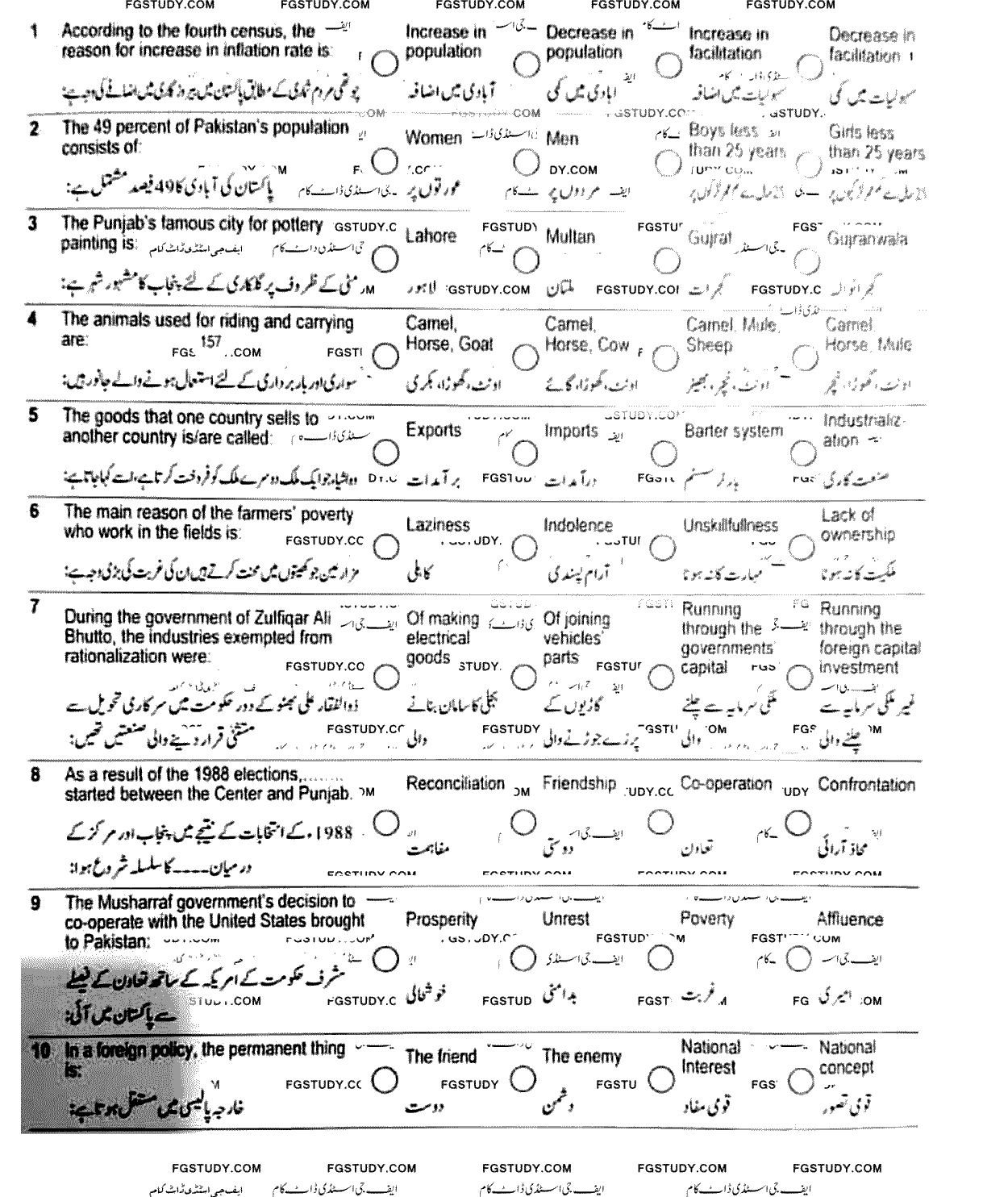 10th Class Pakistan Studies Past Paper 2024 Peshawar Board Group 1 Objective