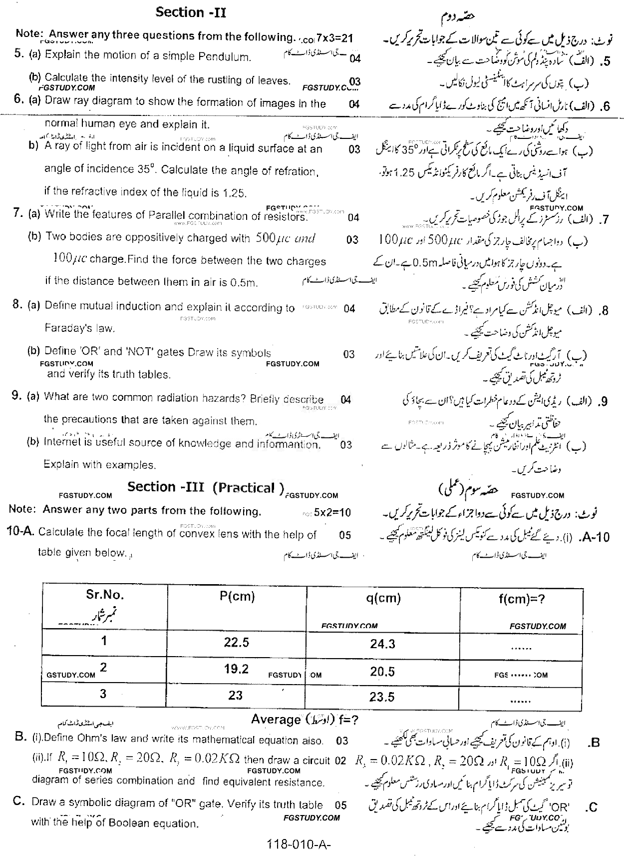 10th Class Physics Past Paper 2017 Rawalpindi Board Group 2 Subjective